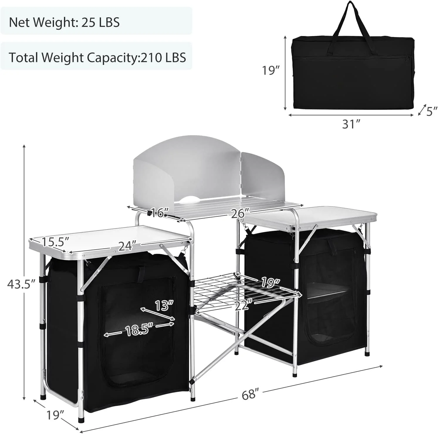 Camping Kitchen Table with Storage, Aluminum Portable Outdoor Cooking Table with Windscreen, Foldable Camp Table Cook Station for BBQ, Grill, Party, Picnics - Image 7