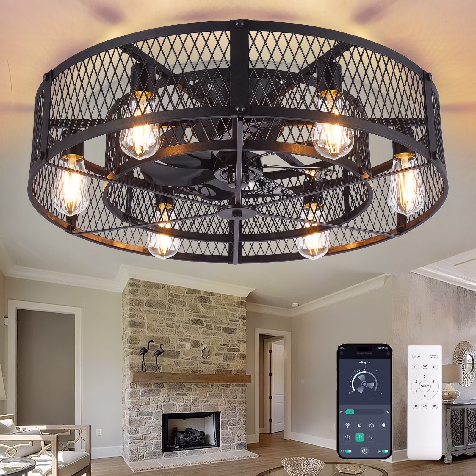 26 - Inch Farmhouse Caged Ceiling Fan with Light, Remote APP Control Quiet DC Motor E26 Bulbs Included Black(Black/20-inch)