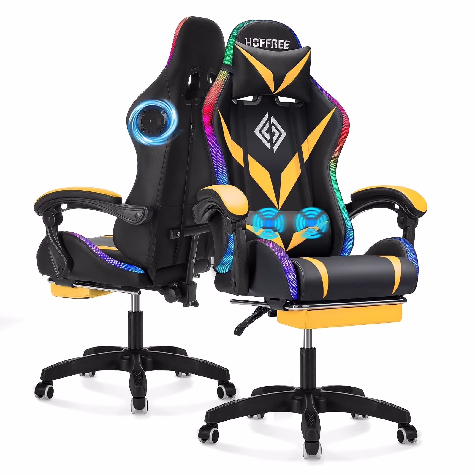 Hoffree Gaming Chair with Speakers PU Leather Office Chair with Footrest and LED Lights Ergonomic Gamer Chair with Massage Lumbar Support and Headrest Adjustable Swivel for Home Office 300lb - Image 7