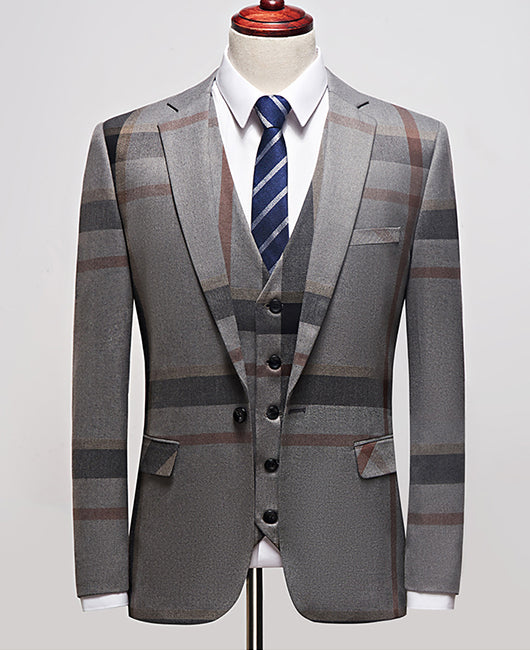 Business Plaid Print Lapel Collar Blazer & Blazer Vest & Pants 3pcs Set