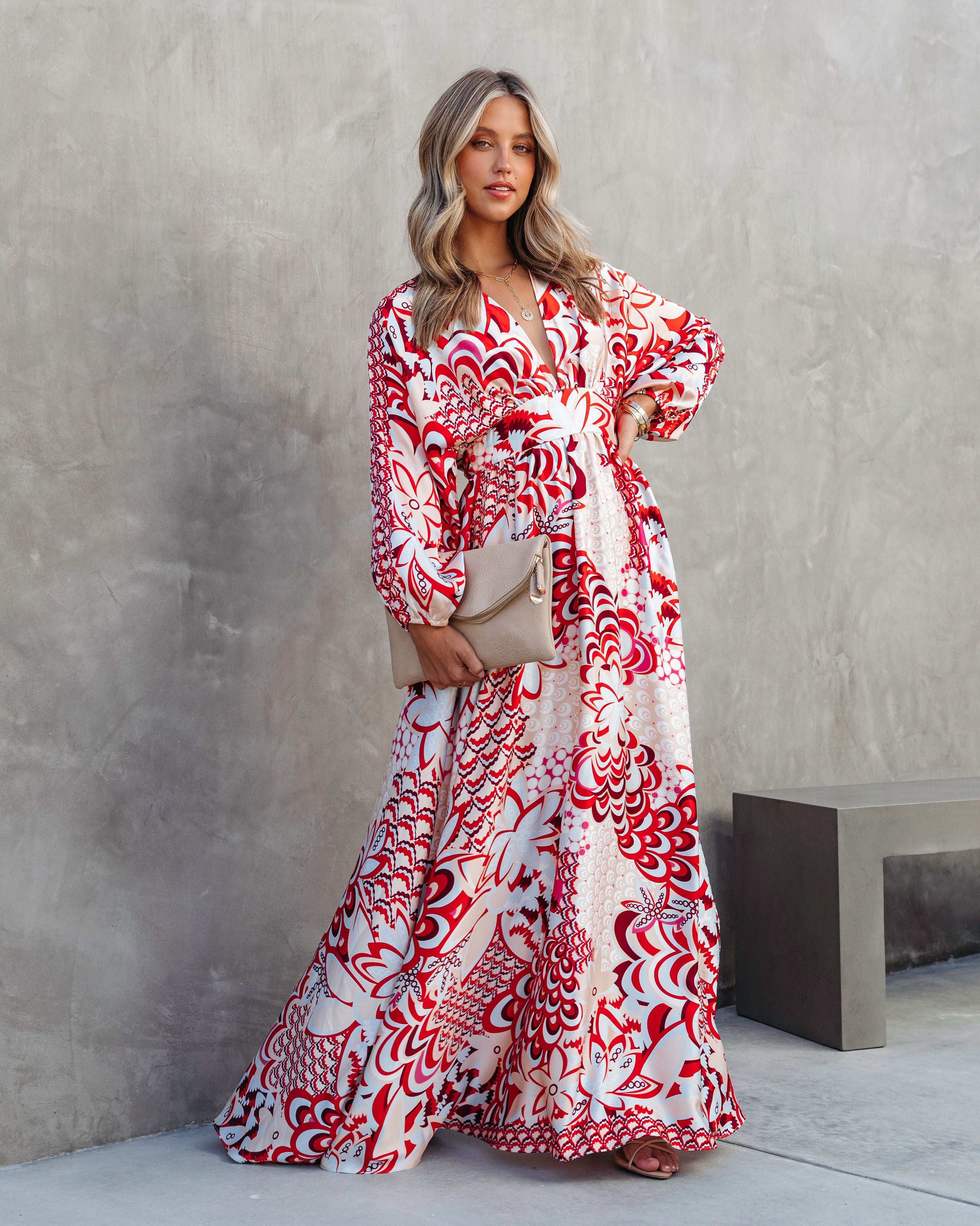 Fall At The Marina Satin Printed Side Slit Maxi Dress - Se7enfashion