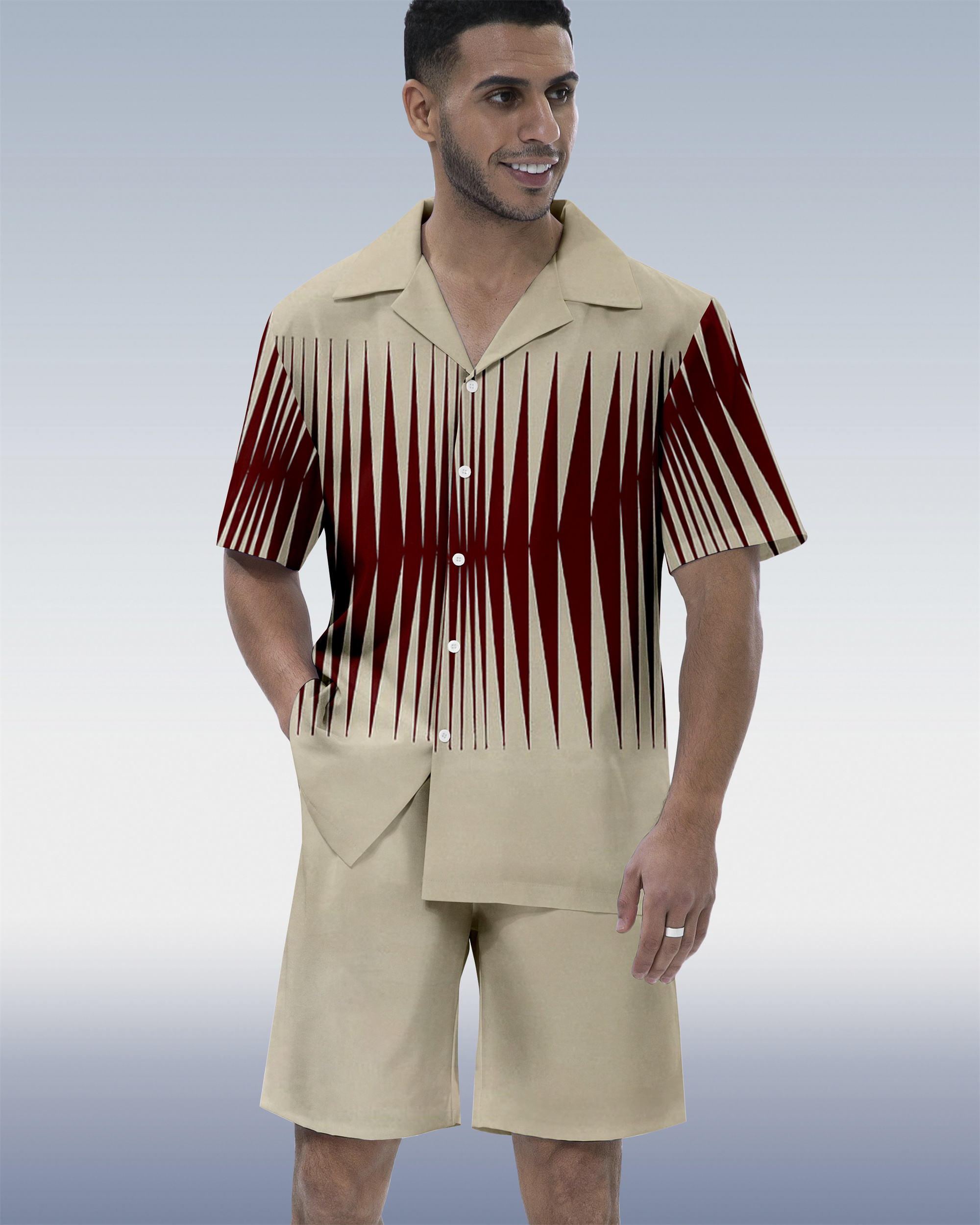 Men's Colorblock Geometric Hawaiian Cuban Collar Short Sleeve Shirt Set 163