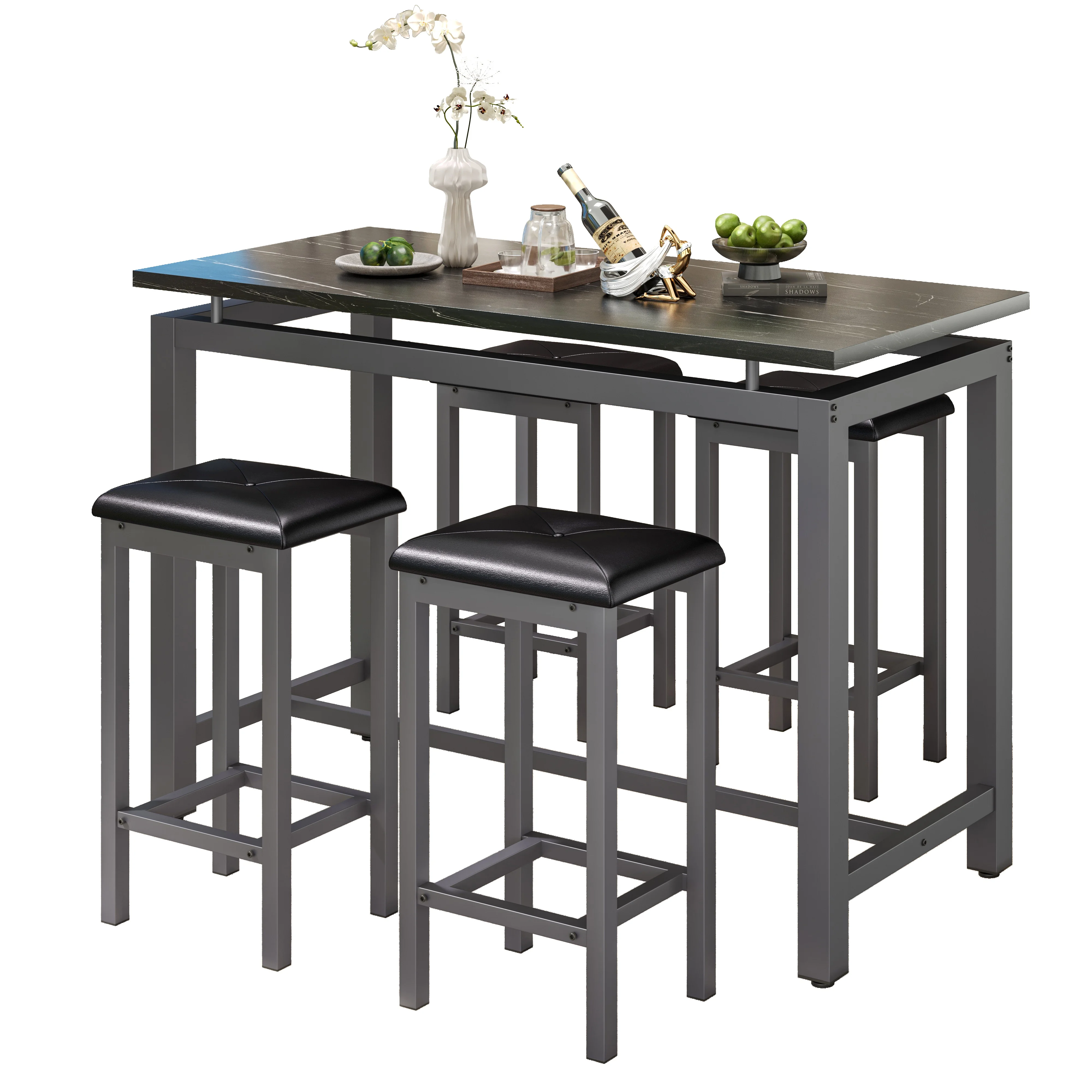Counter Height Table Set of 5, Breakfast Bar Table and Stool Set, Minimalist Dining Table with Backless Stools, Wood Top Pub Table & Chair Set for Kitchen Apartment Bistro - Space Saving - Image 36