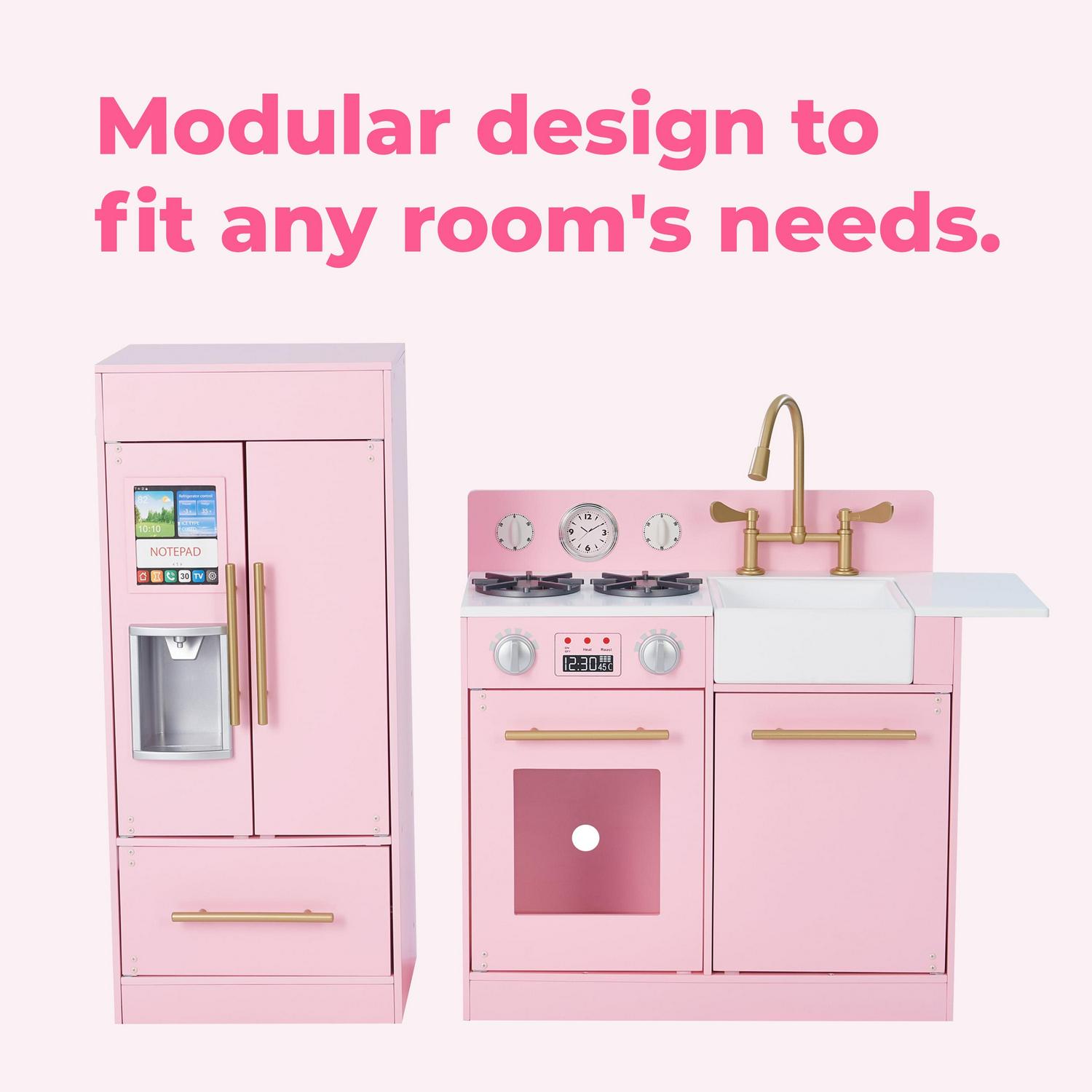 Teamson Kids Little Chef Charlotte Wooden Play Kitchen Set for Toddlers. Pretend Cooking Playset with Stove. Sink & Fridge. Pink/Gold - Image 6