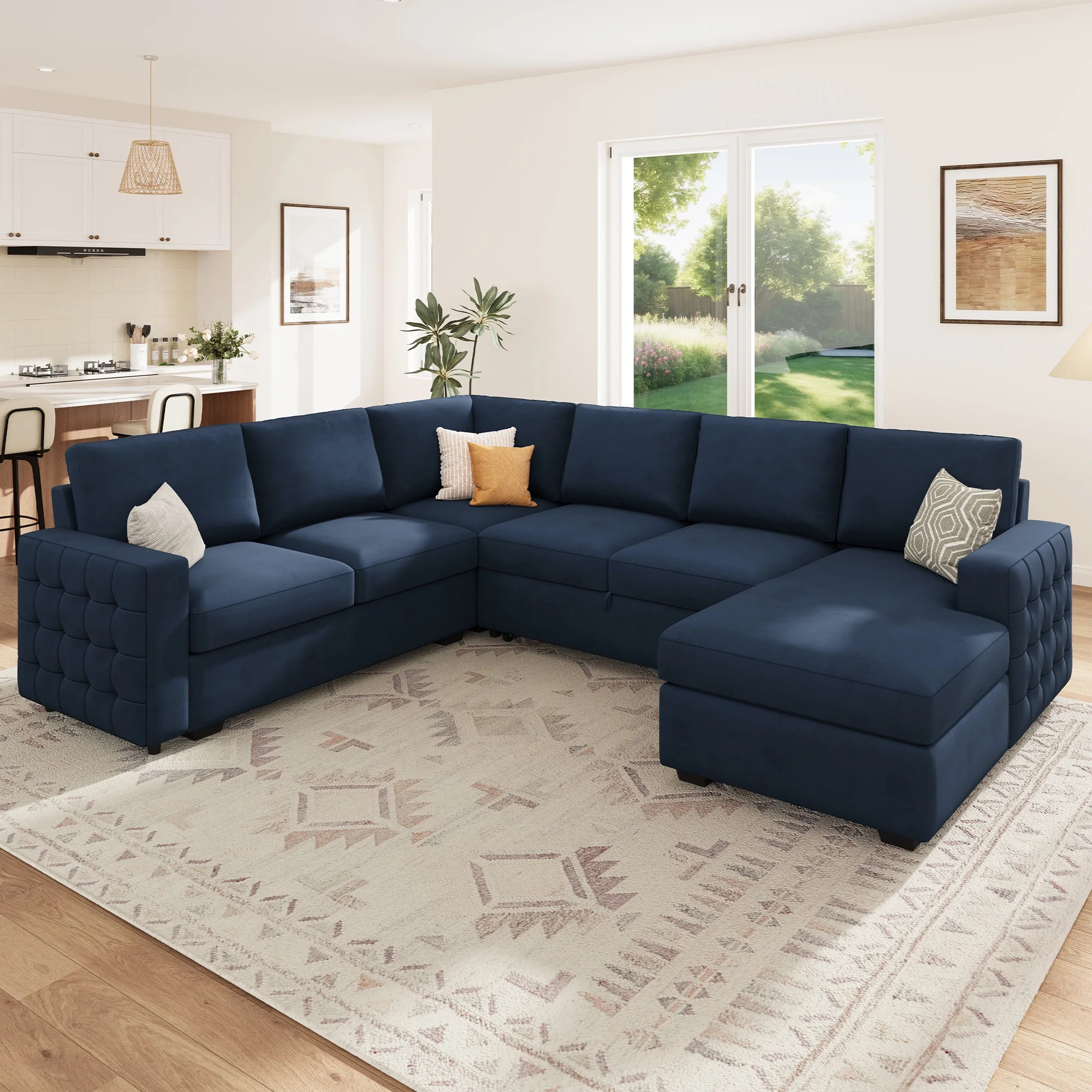 HONBAY Modular Sectional Pull-Out Sofa Bed with Storage Velvet U-Shaped Convertible Sleeper Sofa for Living Room, Blue - Image 12