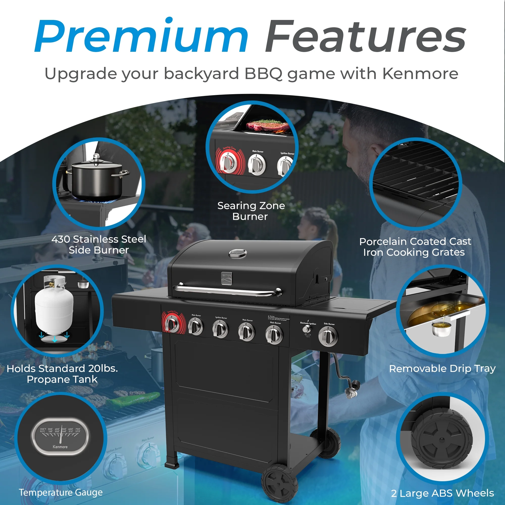 Kenmore BBQ Propane Gas Grill - 5 Burners with Side Burner & Searing Zone, 644 Sq. In. Stainless Steel Grill, 66,000 BTU, Ideal for Outdoor Cooking, Patio & Backyard, Black - Image 10