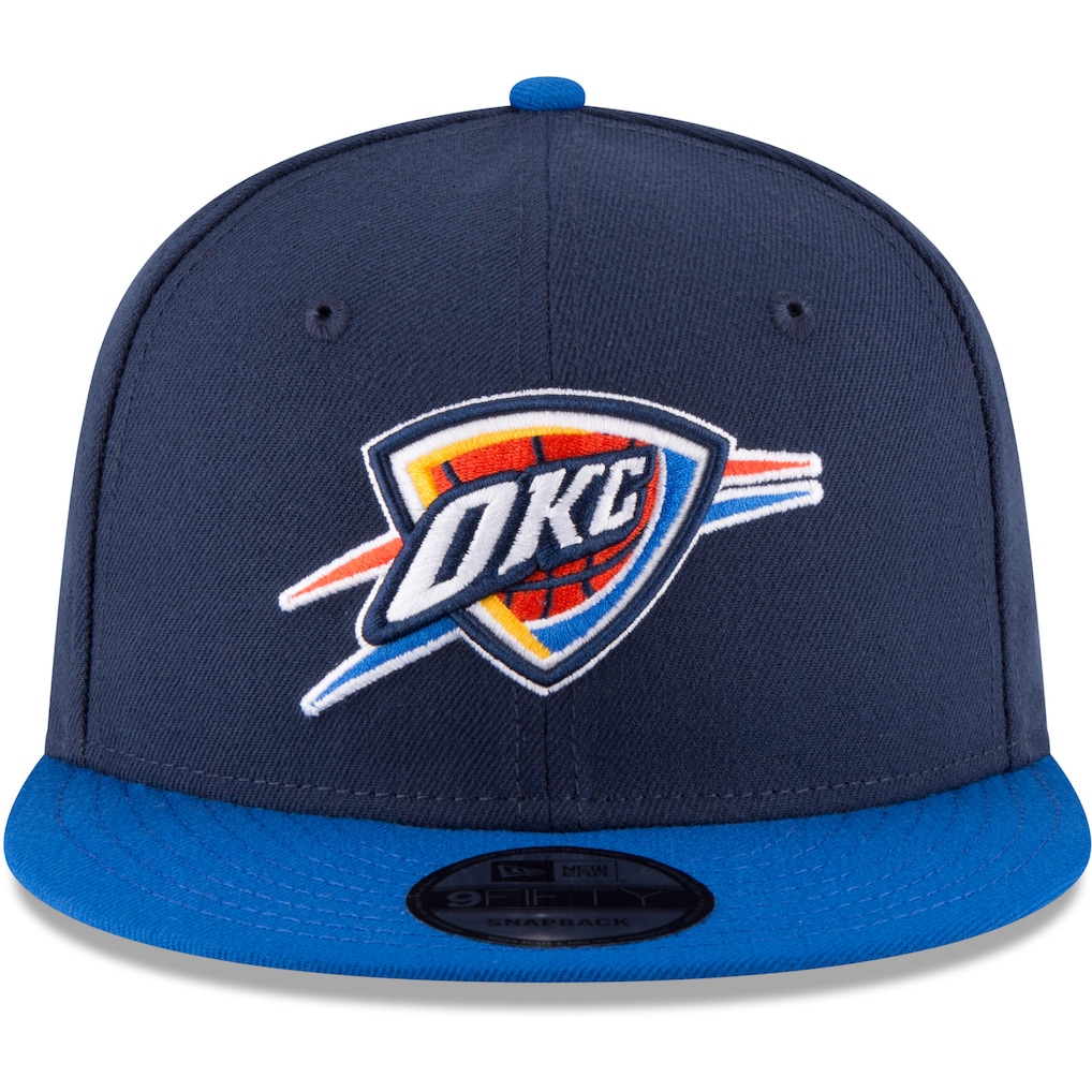 Front view of the Oklahoma City Thunder New Era 9FIFTY Snapback Hat showcasing the raised embroidered OKC shield logo