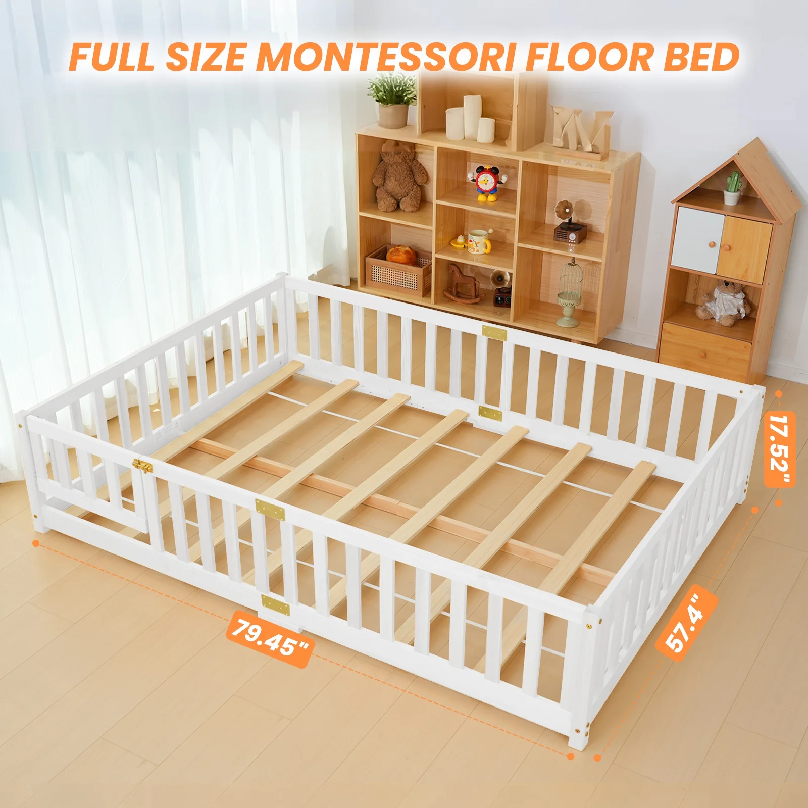 Slsy Twin Size Toddler Floor Bed, Solid Wood Montessori Bed Frame with Fence & Door Montessori Floor Bed Crib with Safety Guardrails for Girls and Boys - Image 12