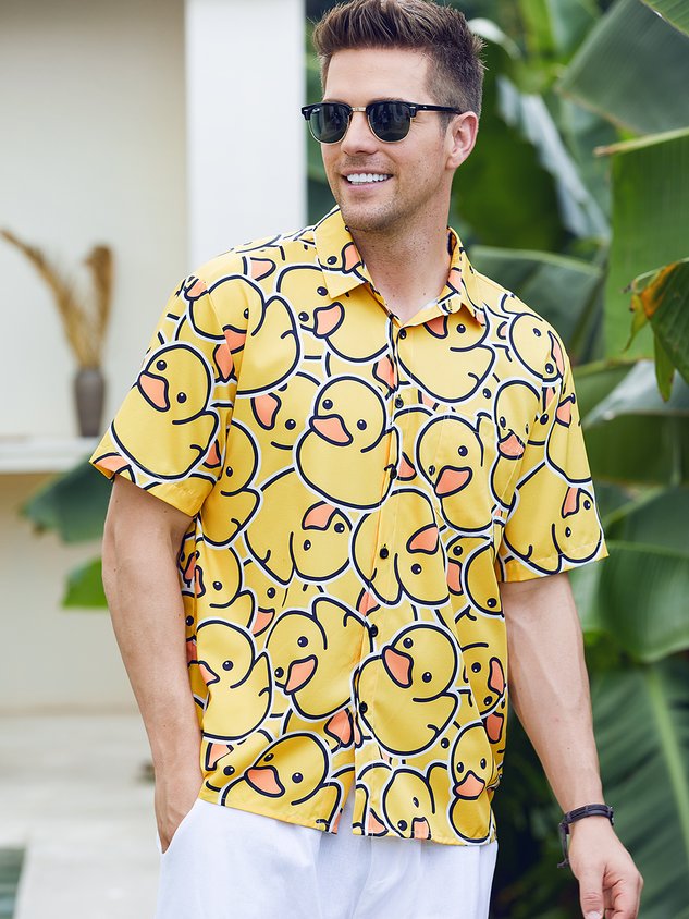 Yellow Duck Chest Pocket Short Sleeves Casual Shirt