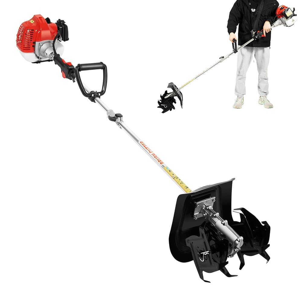 51.7CC 2-Stroke Tiller Cultivator, 6500RPM Garden Mini Tiller Rototiller Gas Powered Rotary Cultivator Handheld Single-Cylinder Rototiller Garden Tool with 1.1L Fuel Tank for Farm Loose Soil Weeding