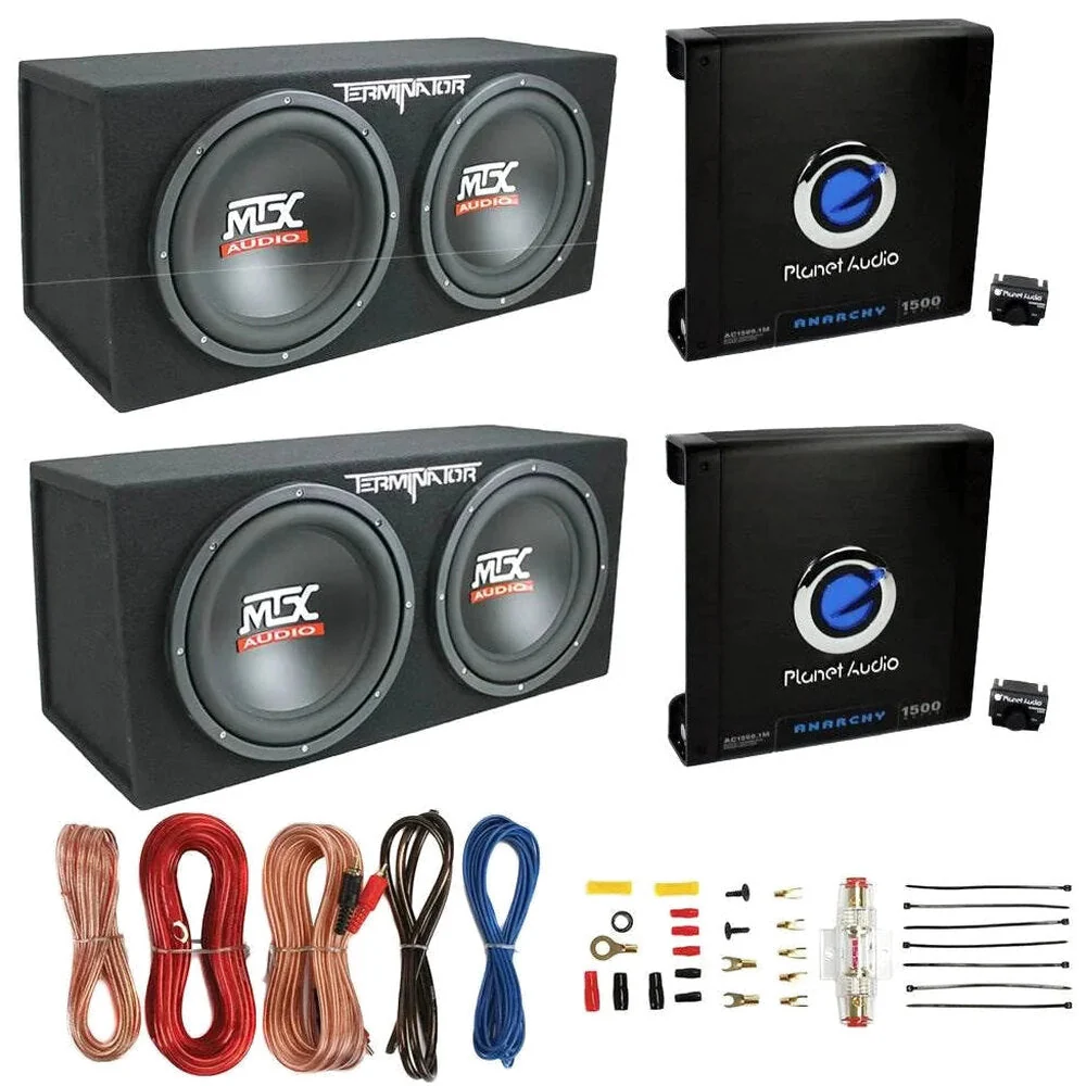 MTX TNE212D 12-Inch Subwoofer Enclosures 2-Pack With Planet Audio AC1500.1 Amplifiers 2-Pack And Soundstorm AKS8 Amp Wire Kit