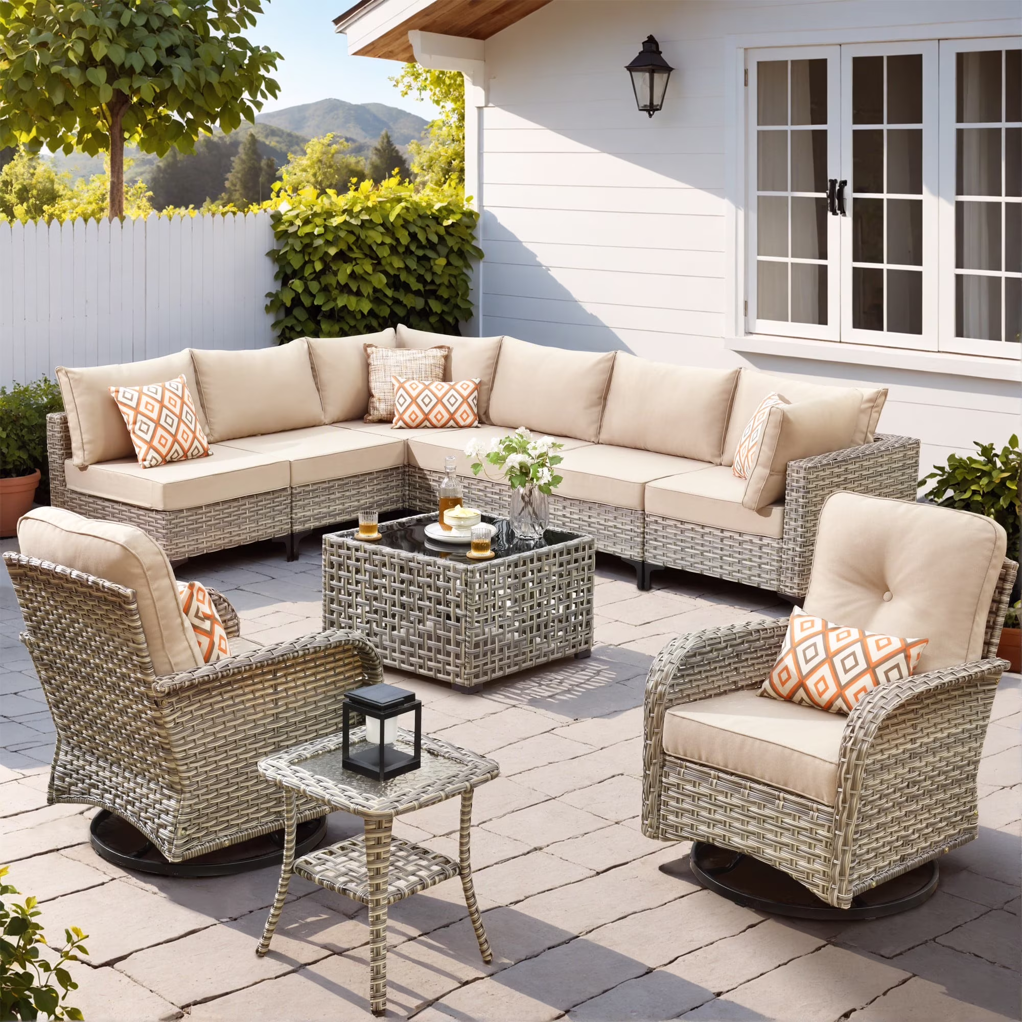 Vcatnet Outdoor Patio Furniture Sets 10 Pieces Sectional Sofa Wicker Conversation Set with Swivel Glider Chairs and Solar Powered Coffee Table for Porch,Backyard,Gray - Image 9