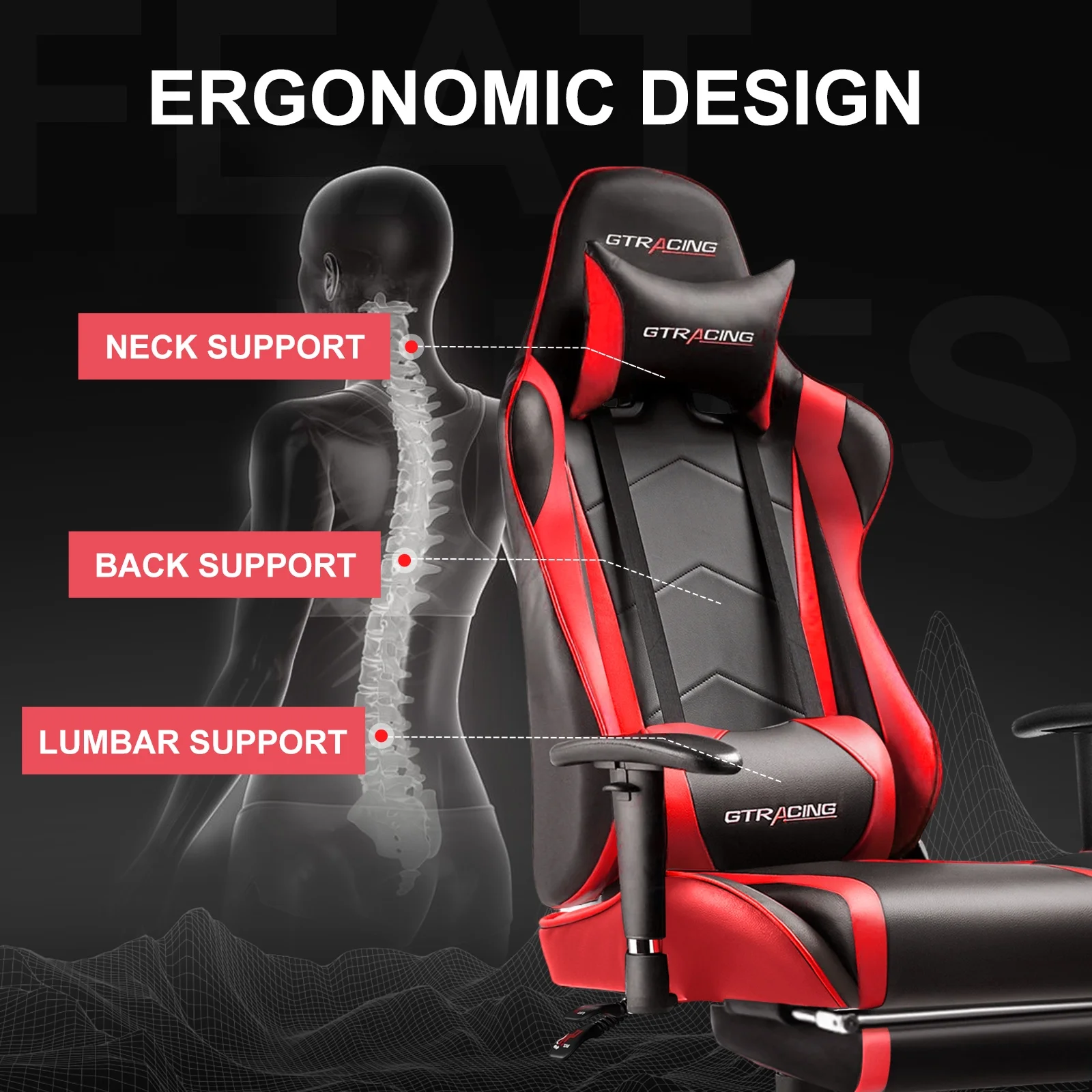 GTRACING Gaming Chair, Ergonomic Office Desk Chair with Lumbar Support, PU Leather, Footrest & Adjustable Headrest, Red - Image 10