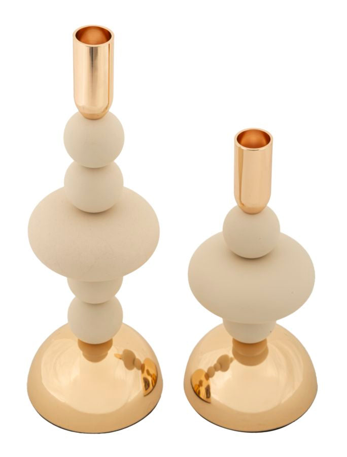 Set van 2 crèmekleurige en gouden metalen kaarsenhouders
