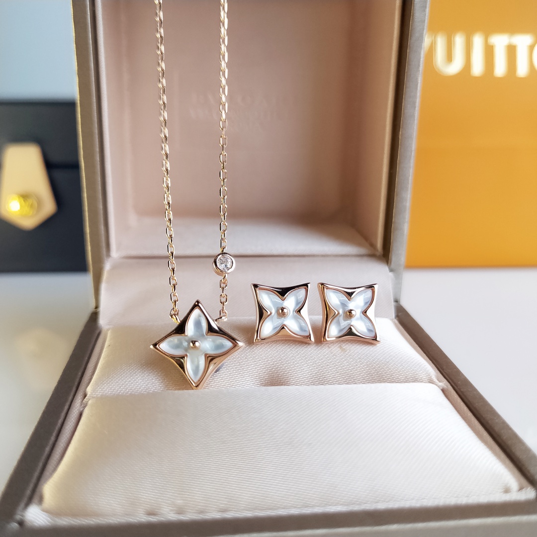 Louis Vuitton Rose Gold White Mother of Pearl Blossom Earrings Necklace - Original Replica Club