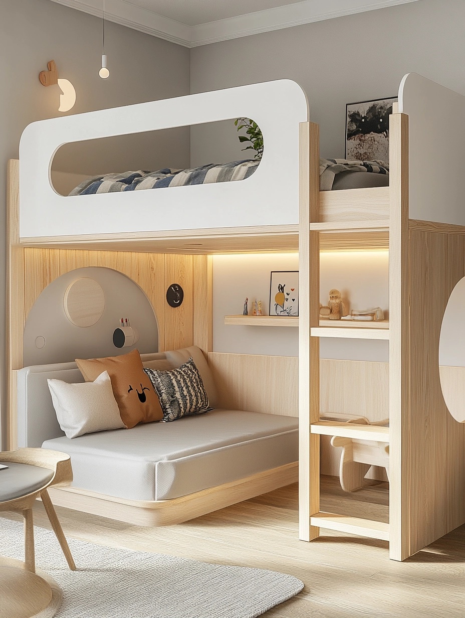 Cama alta niño con escalera,color blanco y madera natural,madera y MDF,dormitorio infantil,260,5x197x198 cm