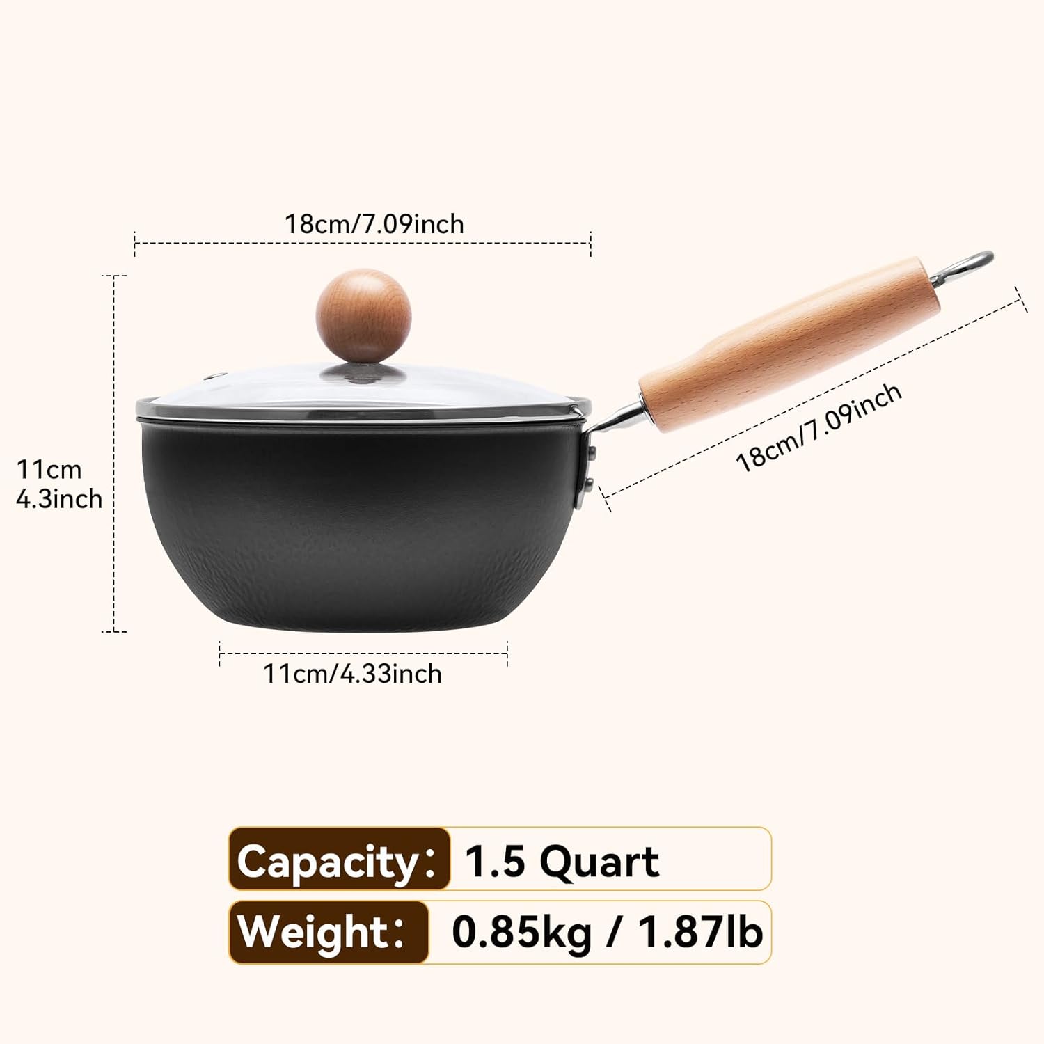 WANGYUANJI 1.5QT Iron Saucepan with Lid, Hammered Milk Pot for Boiling Ramen, Removable Wood Handle for Camping & Storage, Non-Coated Small Cookware for Single Serving, Induction Compatible