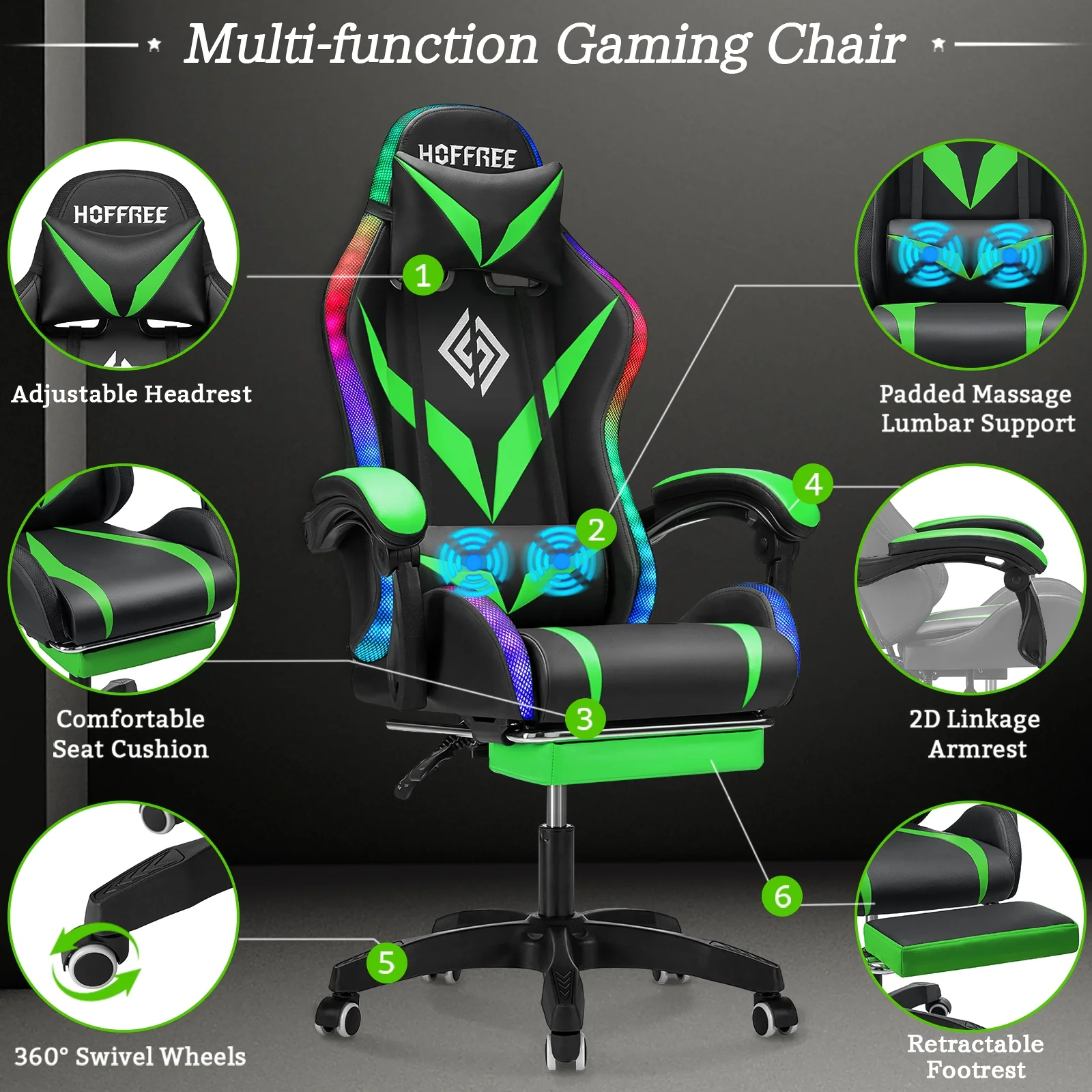 Hoffree Gaming Chair with Speakers PU Leather Office Chair with Footrest and LED Lights Ergonomic Gamer Chair with Massage Lumbar Support and Headrest Adjustable Swivel for Home Office 300lb - Image 44