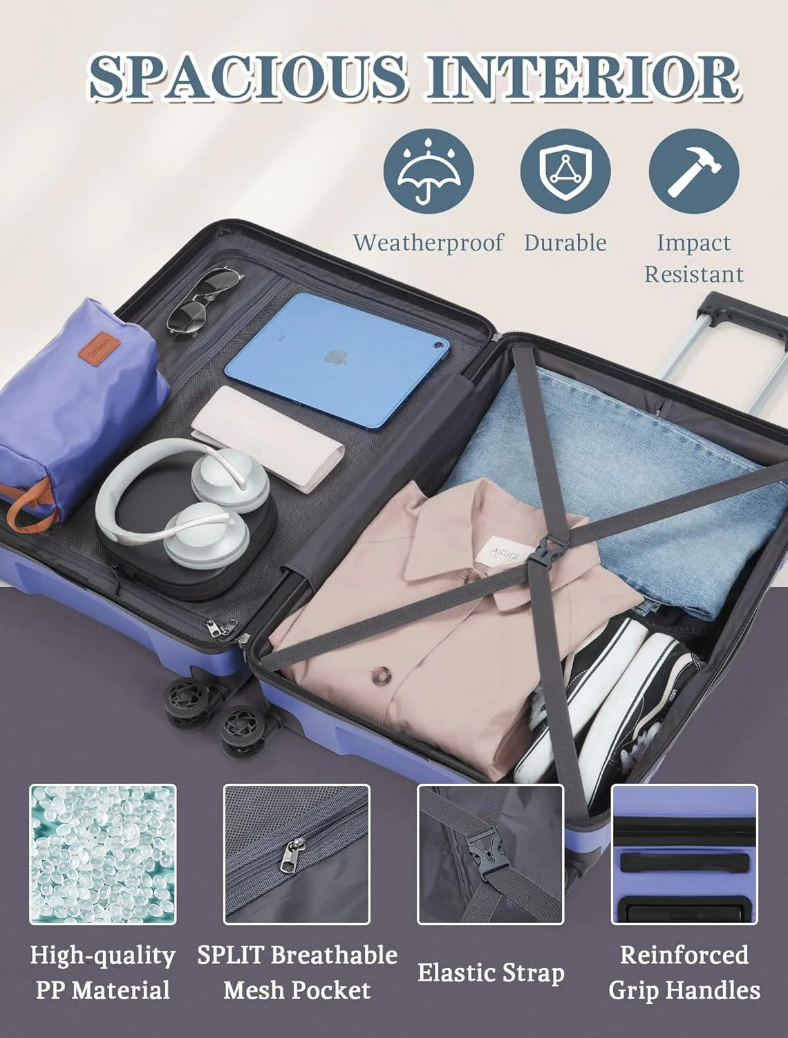 5-piece luggage set with wheels, ABS hardshell suitcase with spinner wheels