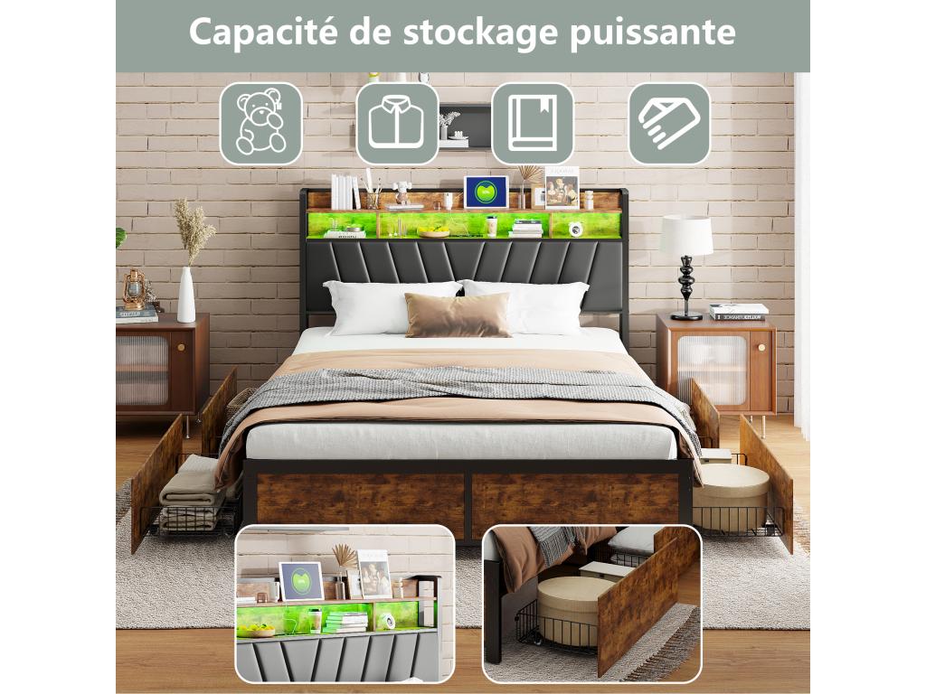 Cama doble 160x200cm - con somier de láminas de metal y cabecero con almacenamiento LED - estilo industrial - cama de PU negra