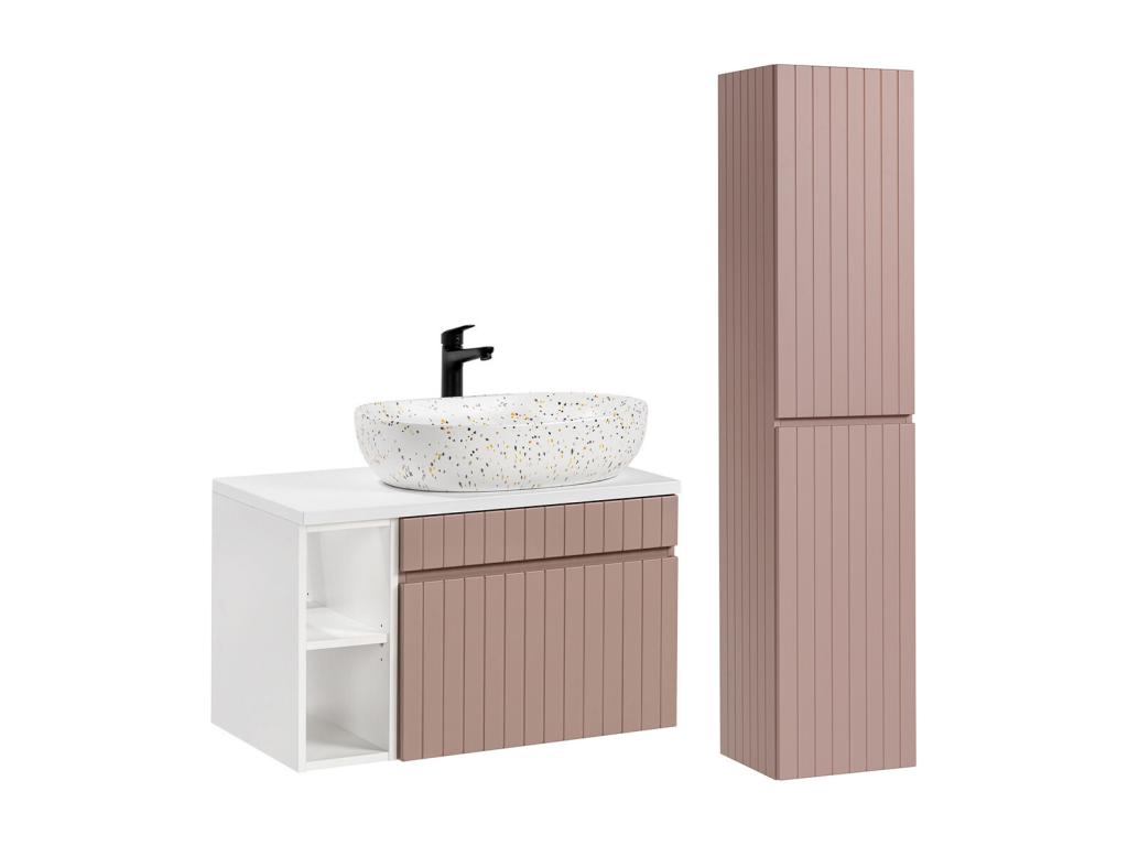 Conjunto mueble lavabo individual de 80 cm 2 nichos y columna Zelie Rosado y Blanco