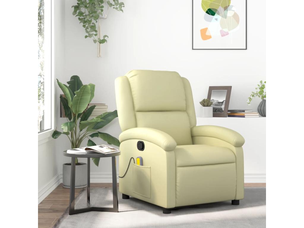 Sillón reclinable de masaje cuero auténtico crema
