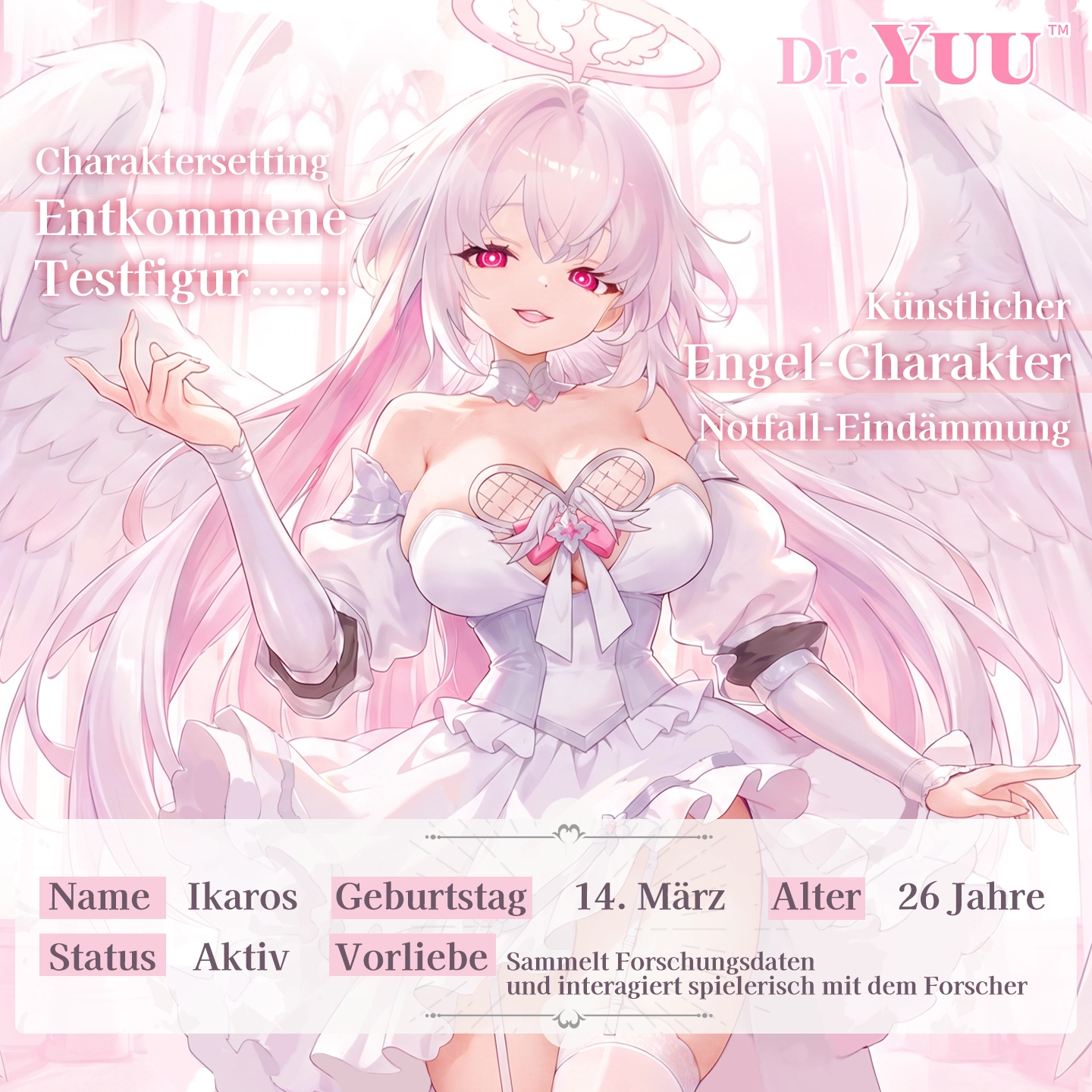 Charaktergrafik einer anime-inspirierten Engel-Figur mit hellem Haar, weißen Flügeln und weißem Kleid, ergänzt durch ein Profilfeld.