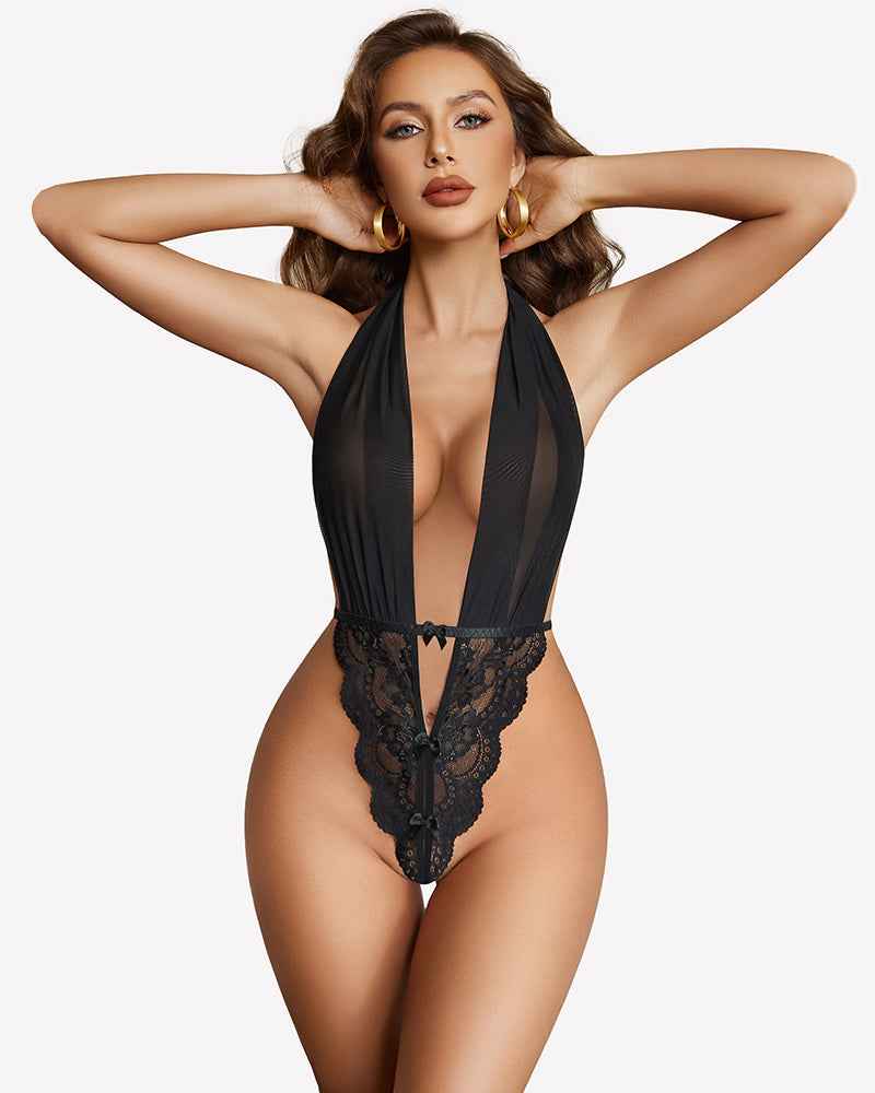 Deep V Neck Teddy Lace Bodysuit