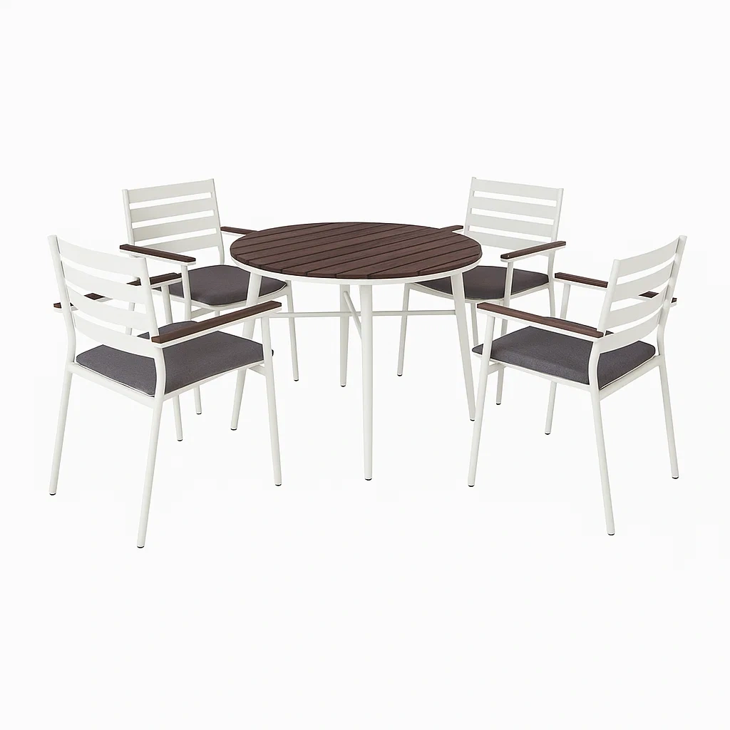 Conjunto de comedor de jardín redondo de 4 plazas, estructura metálica blanca, mesa con top de madera, sillas con cojín gris - ddOSkox174zo