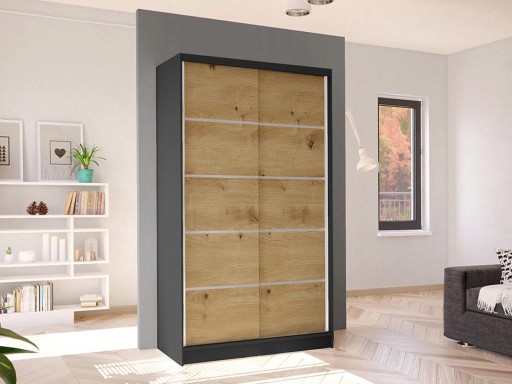 Armario Atlanta 168, Negro|Roble Artisan, 200x100x58cm, Puertas de armario: Correderas
