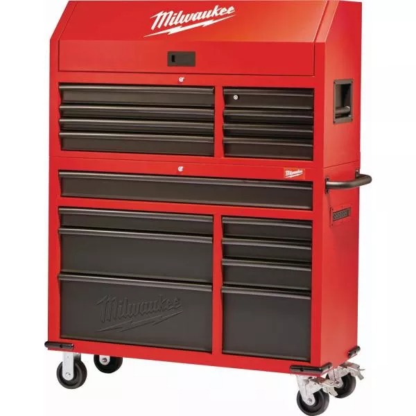 46 IN. 16-DRAWER STEEL TOOL CHEST AND ROLLING CABINET SET, TEXTURED RED AND BLACK MATTE