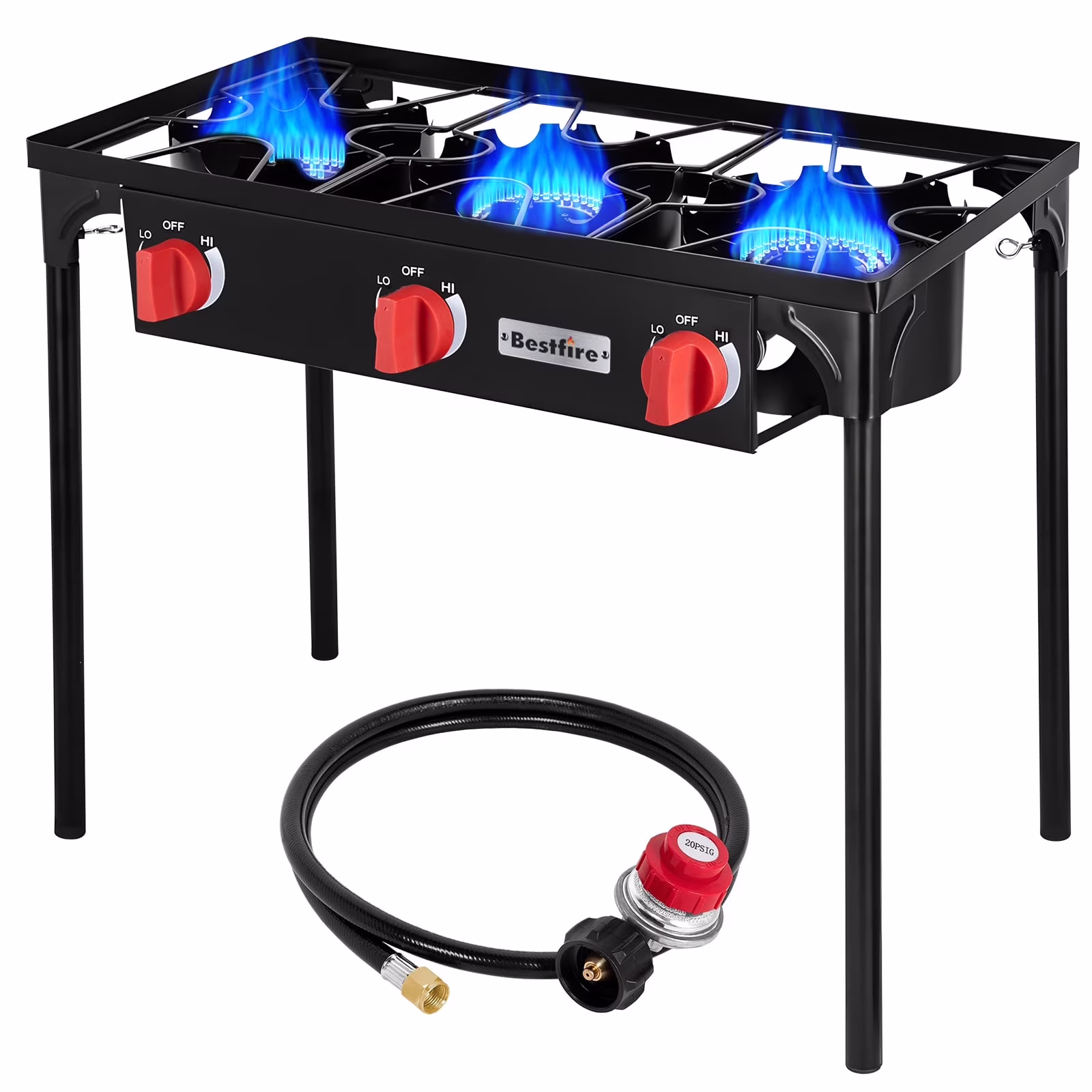 Bestfire Gas Stove for Cooking Outdoor, 3 Burners Outdoor Propane Burners for Cooking with Removable Legs 20 PSIG High Pressure Regulator, 225, 000 BTU
