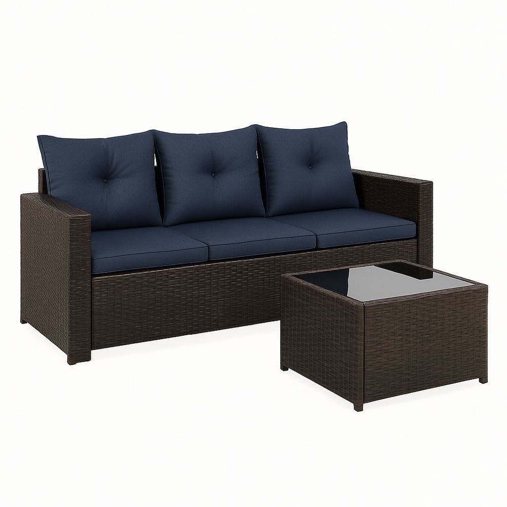 Conjunto de sofá de exterior 3 piezas mimbre sintético marrón cojines azules con mesa de vidrio templado