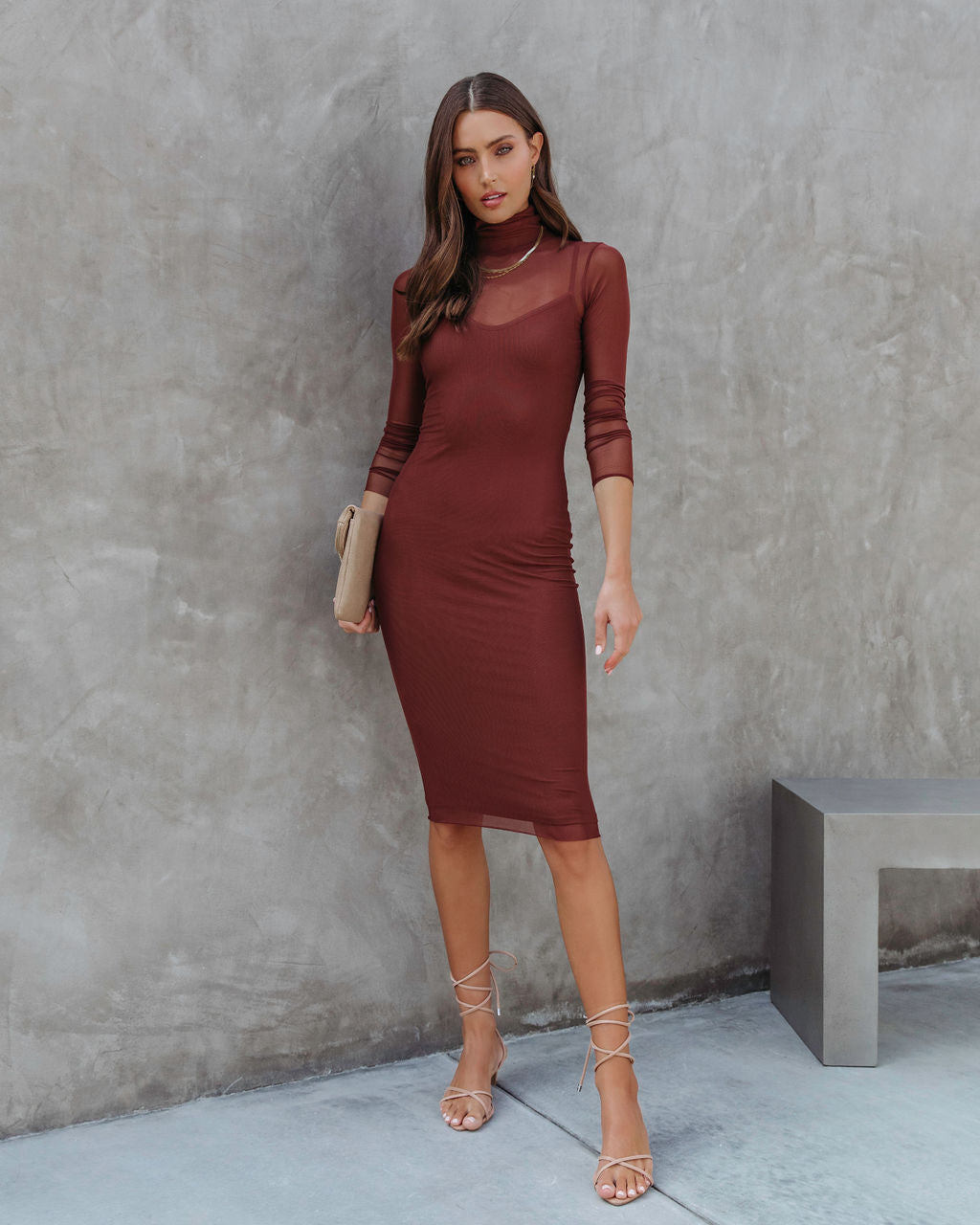 Know Your Worth Sheer Turtleneck Midi Dress - Chocolate - Se7enfashion