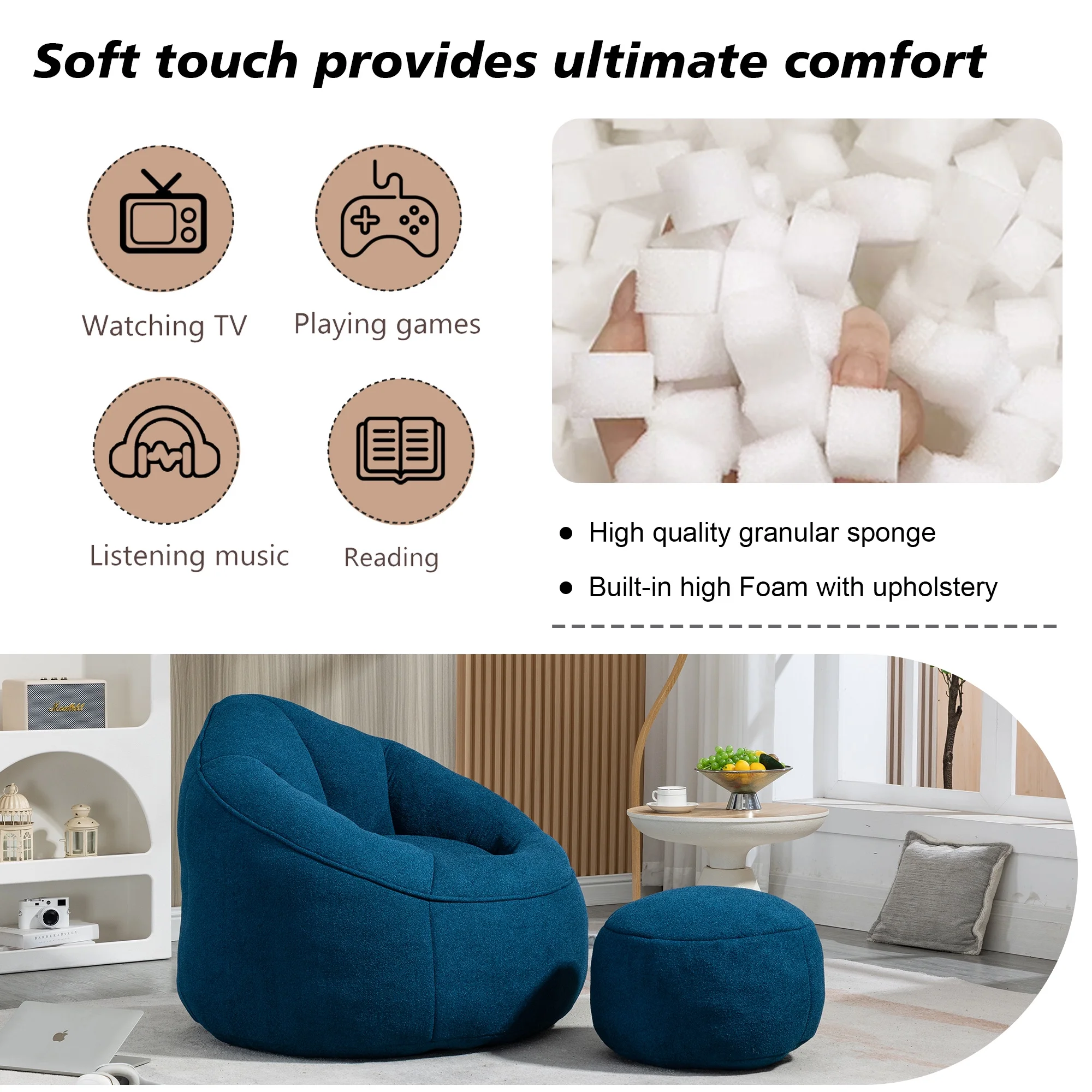 MOONMISS Microfiber Upholstered High Pressure Foam Round Lazy Bean Bag Sofa Chair with Ottoman-Gray - Image 35