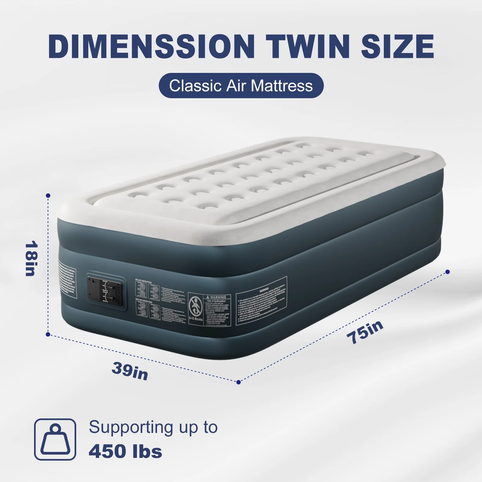 Zimtown 18" Twin Air Mattress with Two Chamber, Elevated Inflatable Bed with Built-in Pump, Protable Airbed for Outdoor Indoor Camping, Gray & White - Image 7