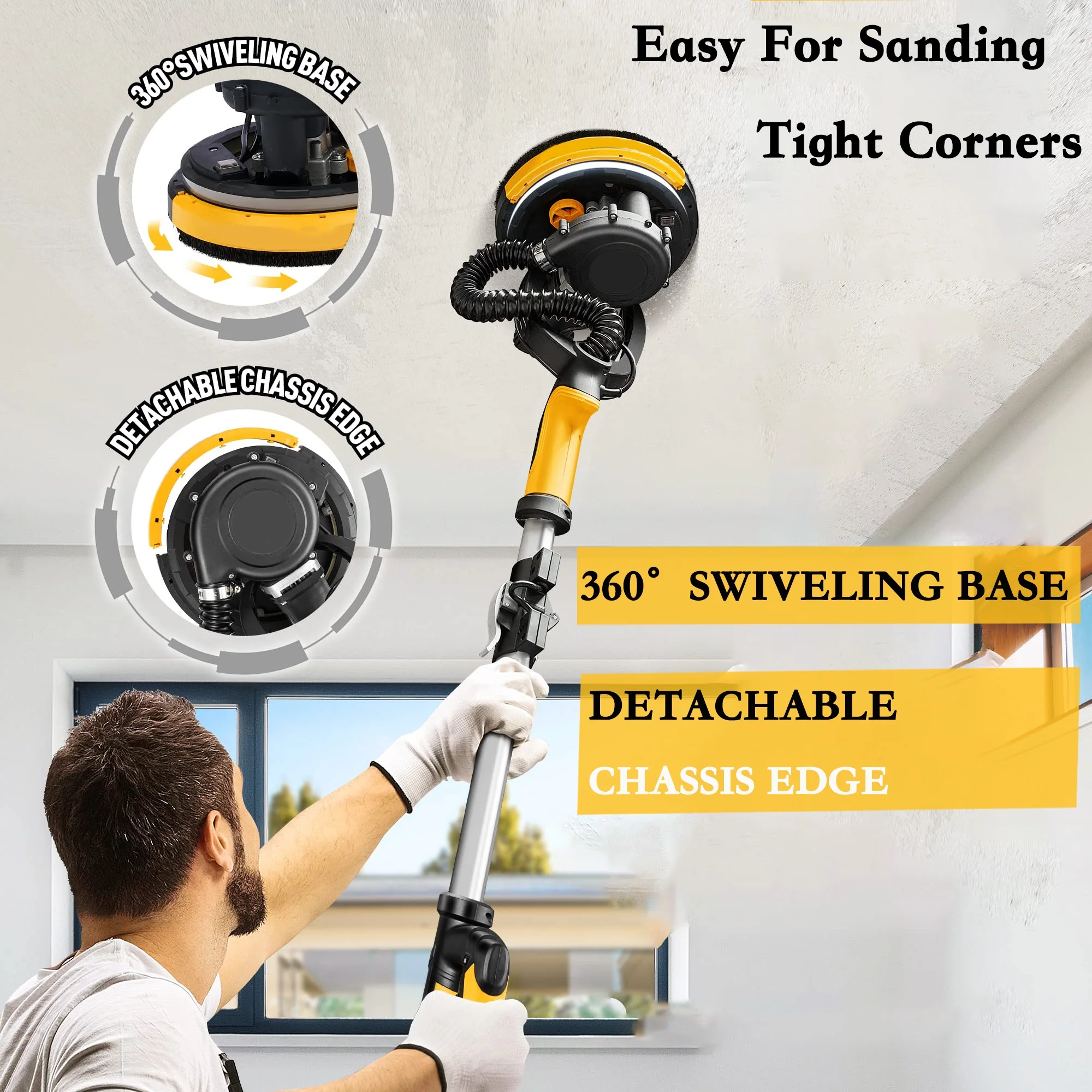 POVANLI 780W Electric Drywall Sander with Vacuum Dust Collection, 6.5A Motor Dustless Floor Sander with Variable Speed 900-1800RPM, LED Light, Extendable & Foldable Handle Yellow+Black - Image 4