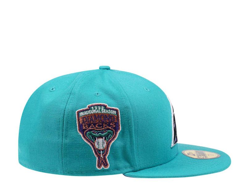 Right side profile of the teal Arizona Diamondbacks 59FIFTY fitted cap highlighting the detailed 1998 Inaugural Season embroidered patch.