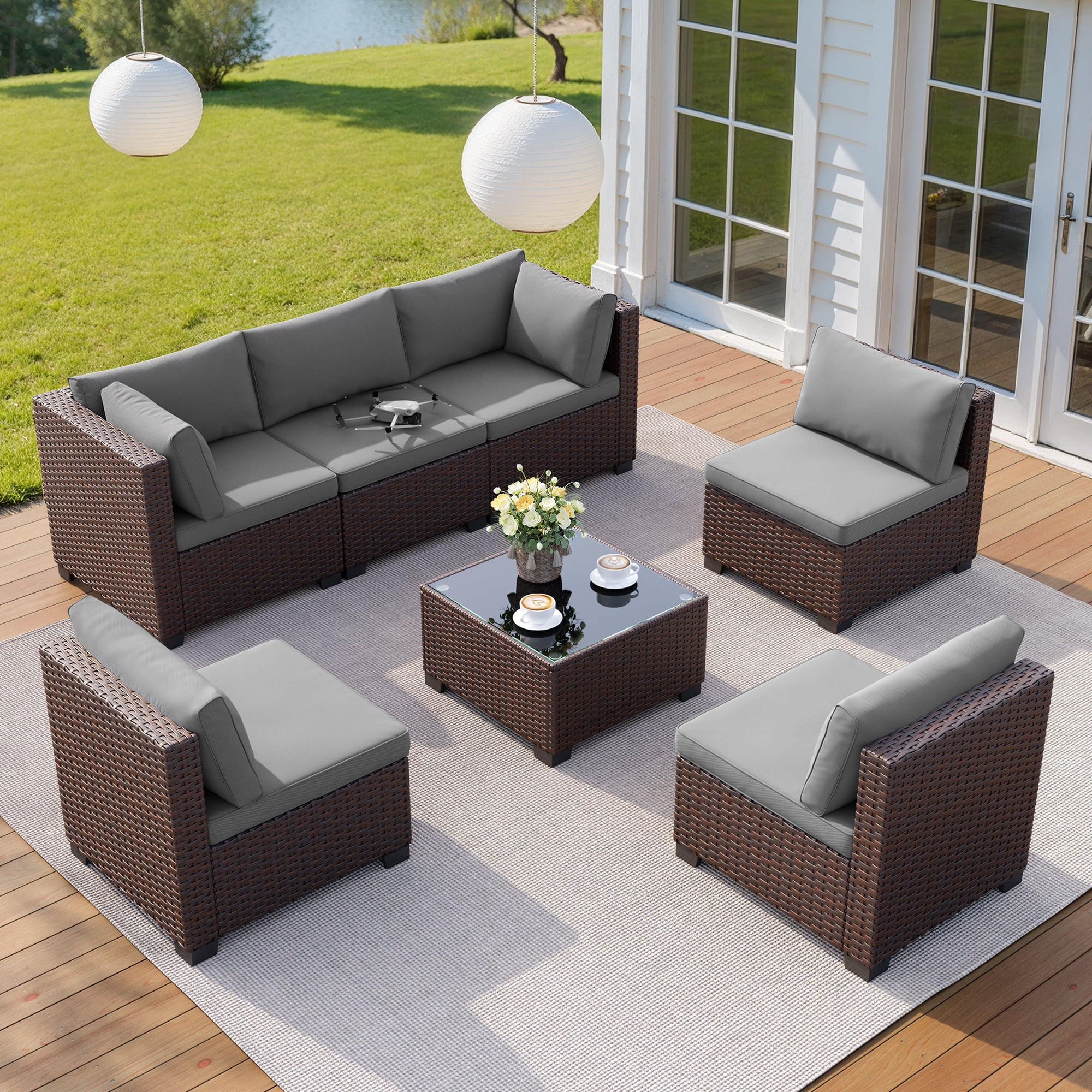 Aiho 7-Piece Rattan Patio Furniture Set , Outdoor Sectional Furniture Set for Patio, Garden, Backyard, Grey - Image 2