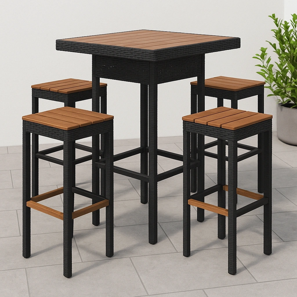 Conjunto de bar mesa alta con taburetes Negro/Madera sintética Ratán Terraza - YHoUHXc423lQ