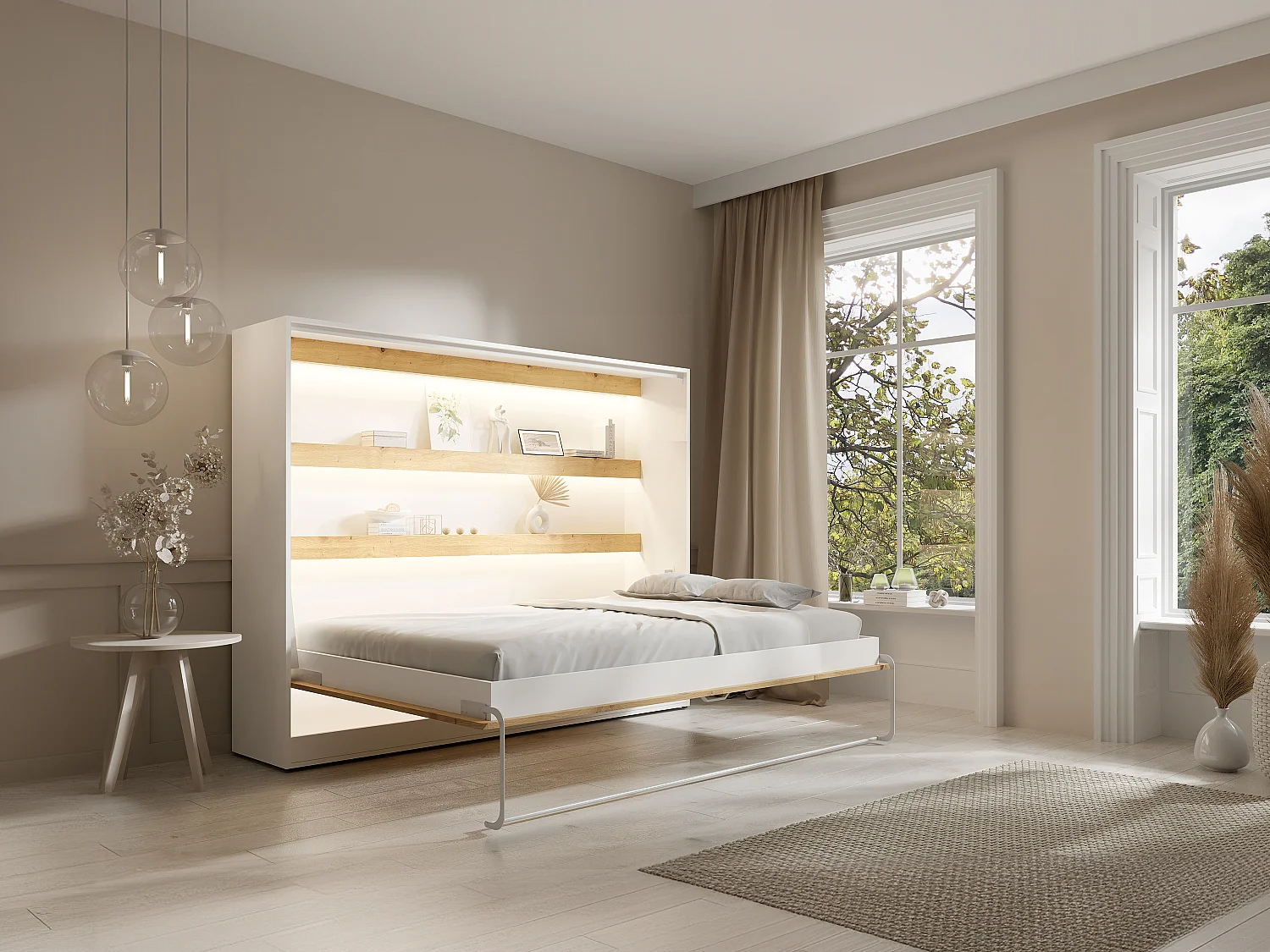 Cama abatible 140 x 200 cm - Apertura horizontal manual - Con LEDs - blanco y natural - RAPILI