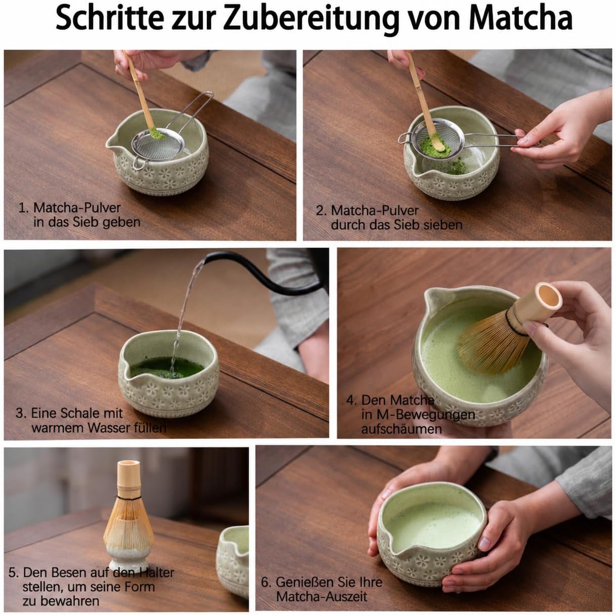 Buucup Matcha Whisk Set, Ceramic Matcha Kit Set Includes Matcha Bowl, Matcha Whisk and Holder, Bamboo Scoop, Scoop Rest, Sifter and Tea Towel - 7 Pcs Matcha Kit for Matcha Lovers (Mottled Green)
