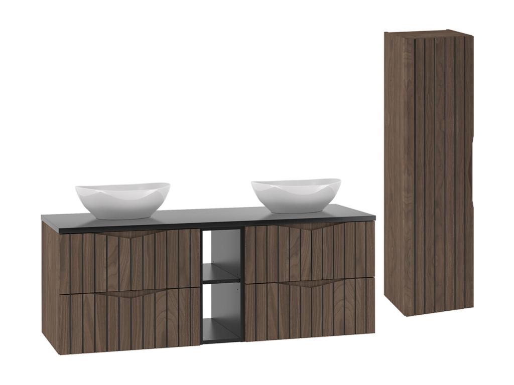 Conjunto de muebles con doble lavabo 140cm 2 compartimientos y columna Siena madera y negro