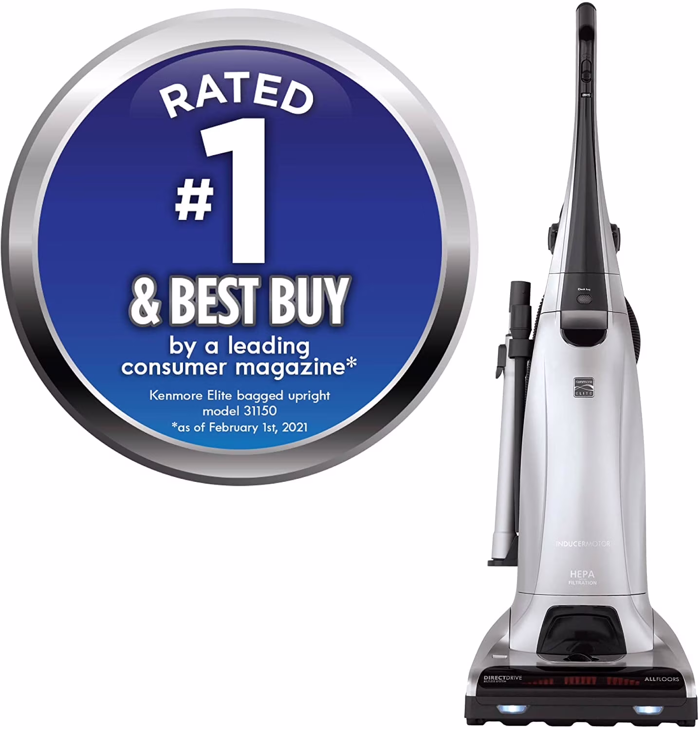 Kenmore Elite 31150 Beltless Pet Friendly Bagged Upright Vacuum, 22.62lbs - Silver