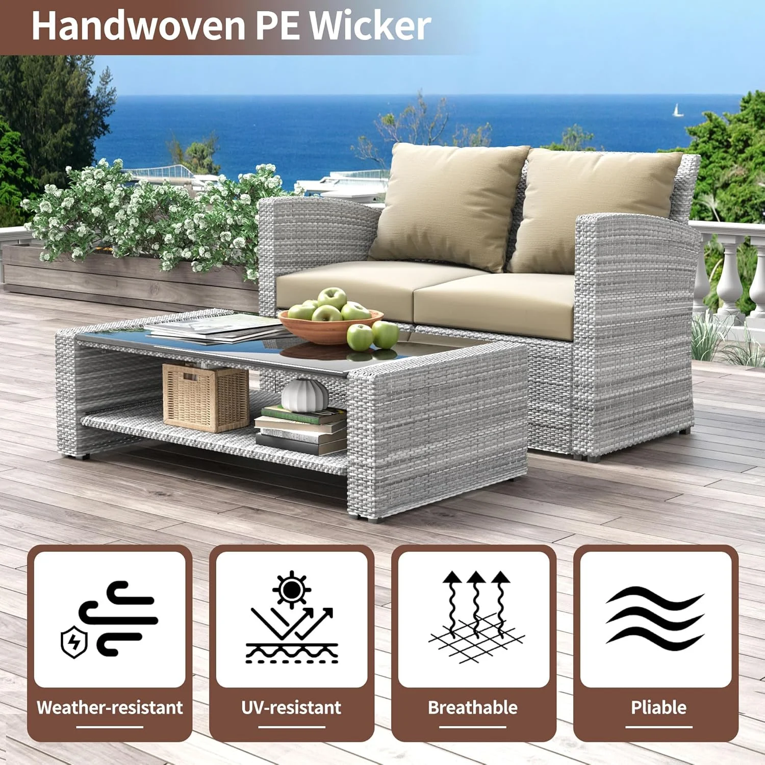 4 Pieces Patio Conversation Set, Outdoor Furniture Set with Cushion, Outside Sectional Rattan Wicker Sofa Furniture Set for Garden, Porch, Backyard, Gray - Image 32