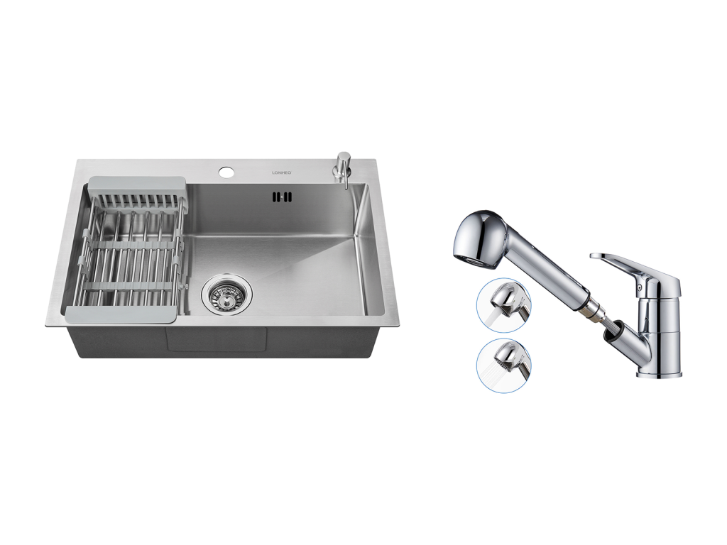 2en1 Fregadero Cocina Cepillado 68x45x19CM con Distributor de jabón ÉGotero Cesta+Mezclador Cocina con Ducha Extraíble Rotativo 360°, Cromado