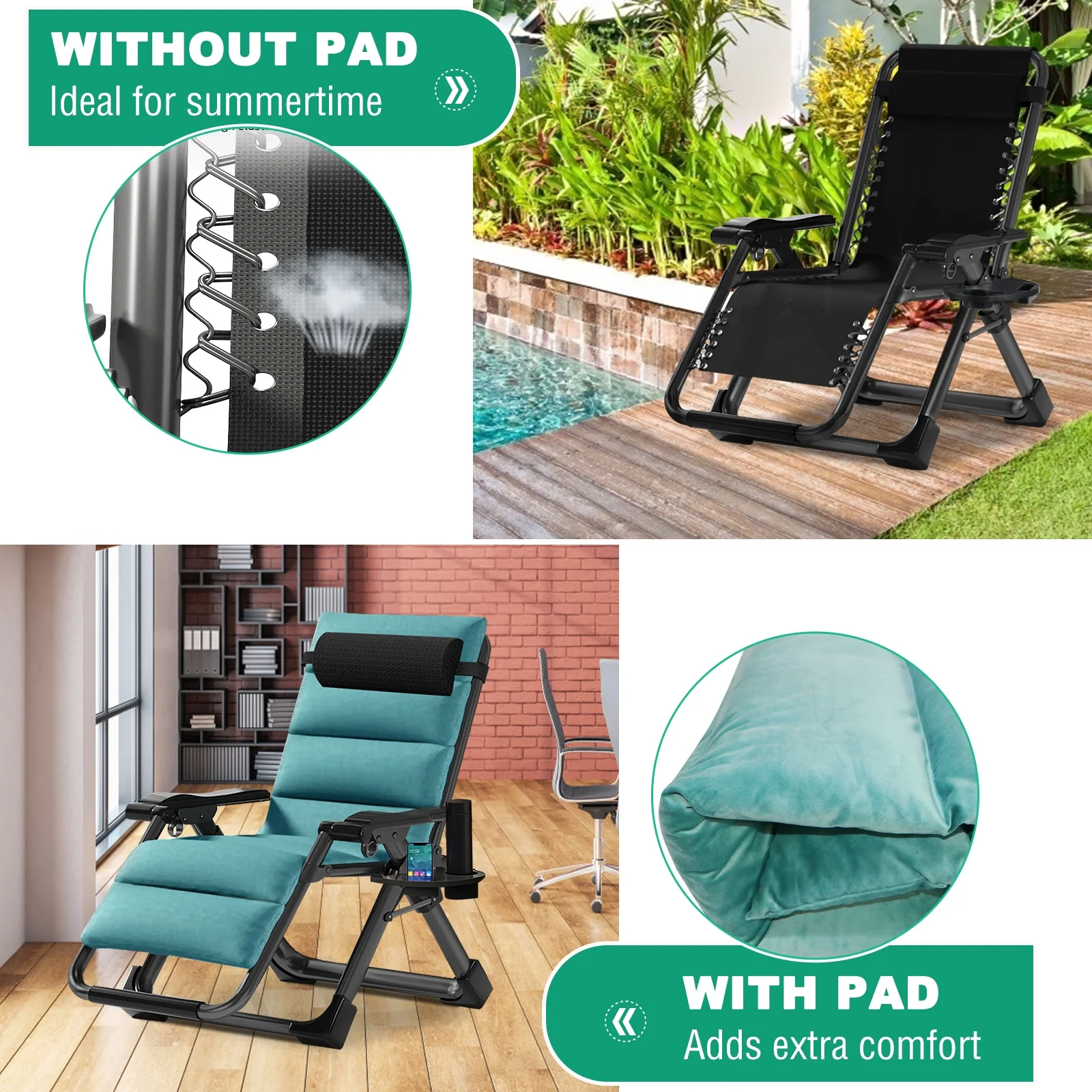 NAIZEA Outdoor Zero Gravity Chair Camping Recliner Lawn Recliner, Reclining Patio Lounger Chair, Folding Portable Chaise with Detachable Soft Cushion, Cup Holder, Headrest - Image 17
