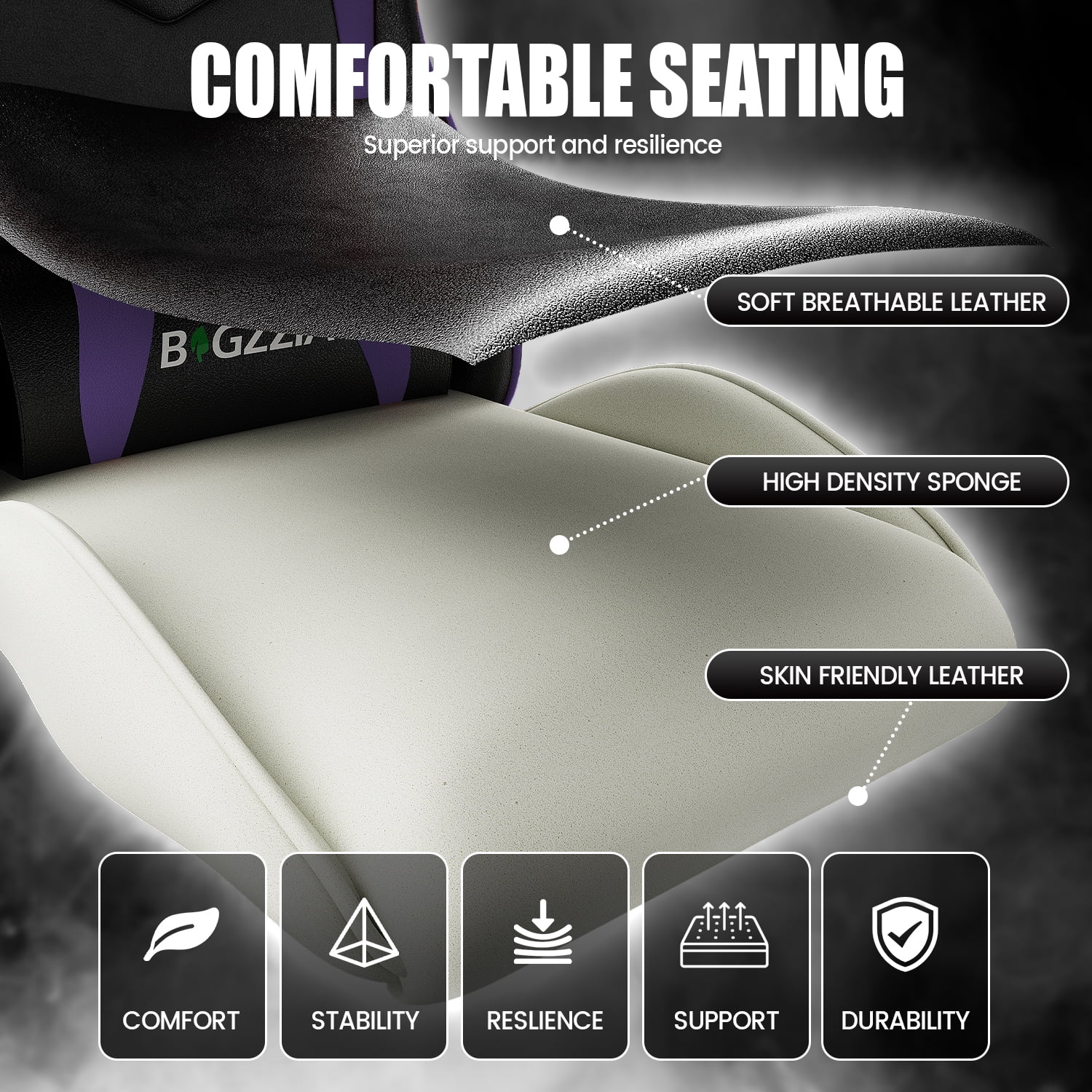 Bigzzia Gaming Chair Office Chair, Ergonomic Game Chair with Height Adjustable Headrest and Lumbar Support for Adults Teens, Black & White - Image 55