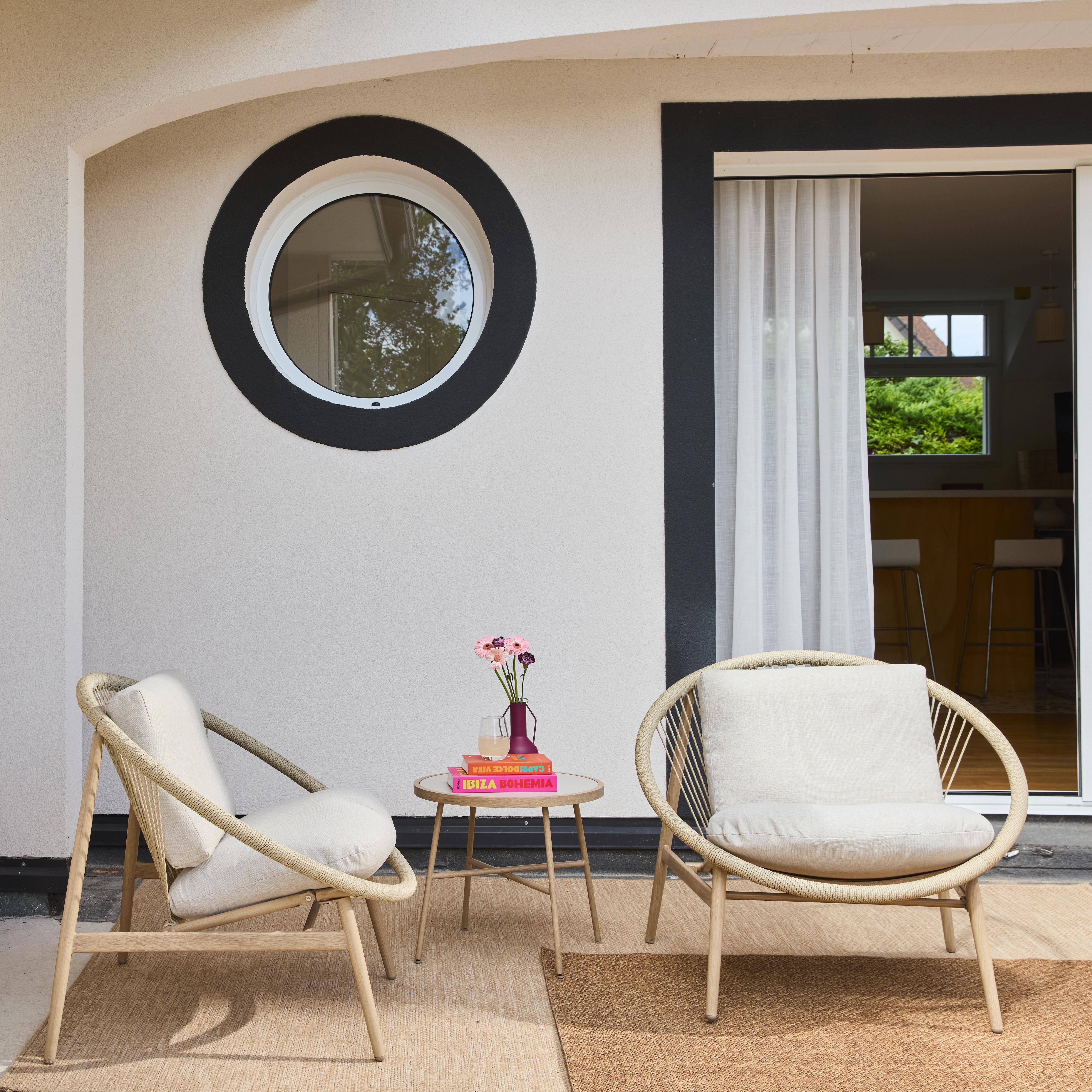 Narola - Conjunto de jardín con 2 sillones de ratán y mesa de acero, 2 plazas