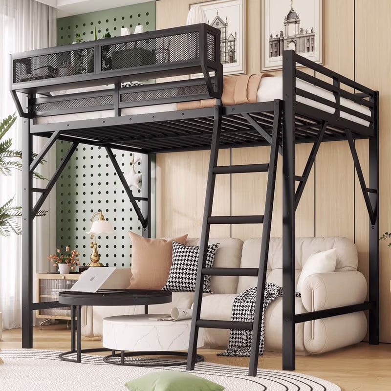 Duxelifin Queen Size Metal Loft Bed Frame, Heavy Duty Steel High Loft Bed with Storage Shelves Ladder, Space - Saving Loft Bed for Apartments, Adults, Teens Juniors (Black)(Queen/White)